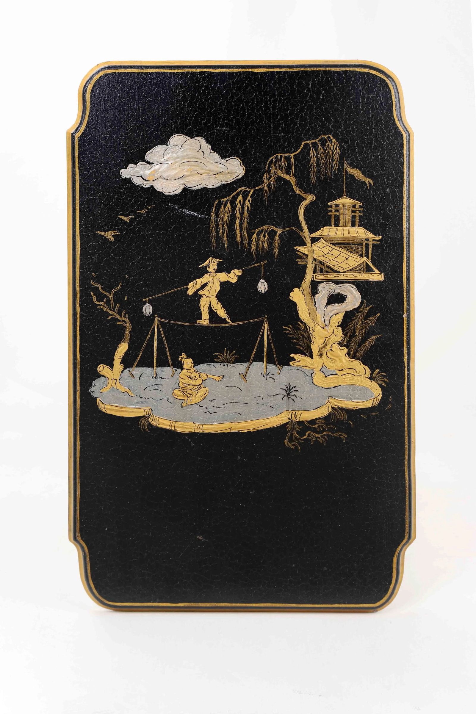Vintage Black and Gold Chinoiserie Wooden Wall Plaque - 4