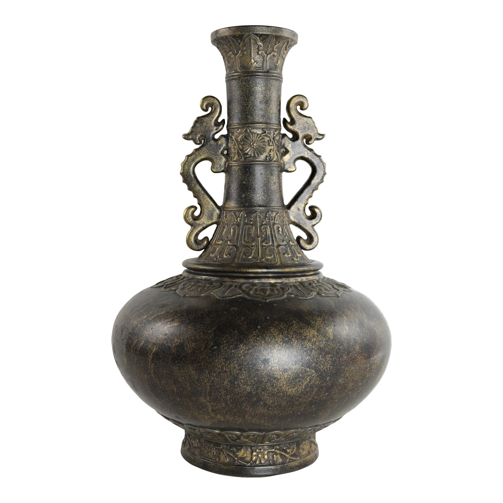 Qianlong Mark, Qing Dynasty, Antique Copper Glaze and Gold-Sprinkled Double-Eared Vase: Qianlong Mark, Qing Dynasty, antique copper glaze and gold-sprinkled double-eared vase Provenance: Private Collection, Vancouver This vase has a long neck, a bulging belly, and slightly higher feet. T