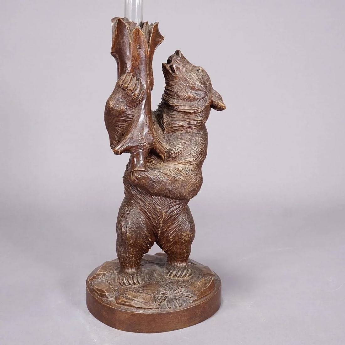 A Wooden Carved Black Forest Bear With Glass Vase Ca. 1900s - 2