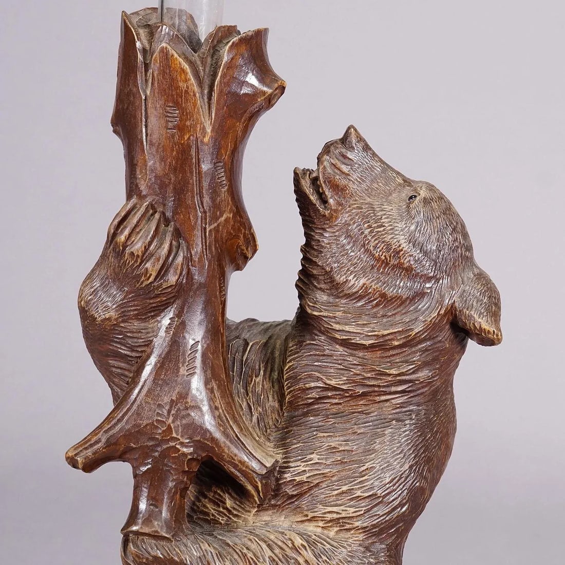 A Wooden Carved Black Forest Bear With Glass Vase Ca. 1900s - 3