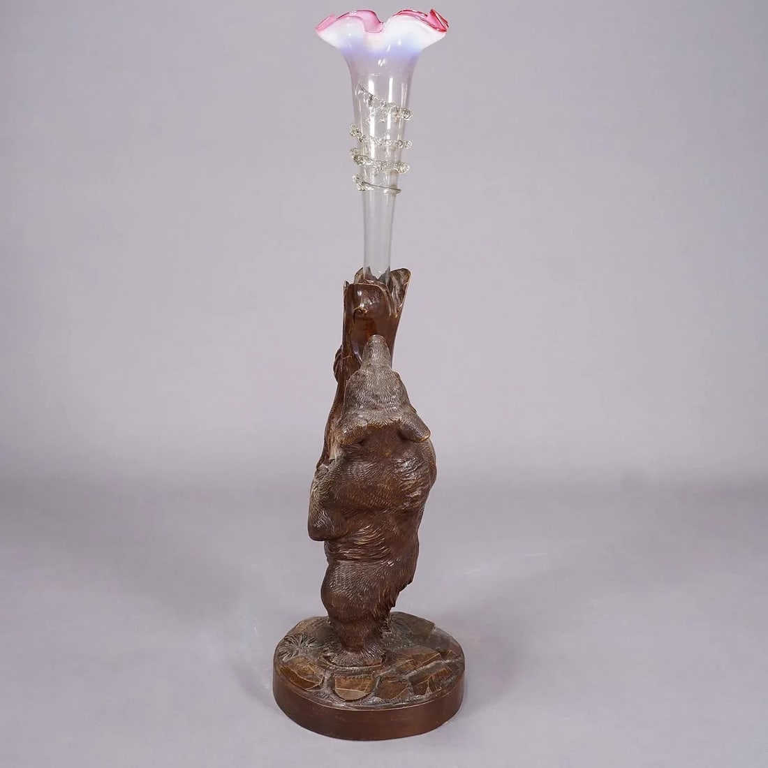 A Wooden Carved Black Forest Bear With Glass Vase Ca. 1900s - 7