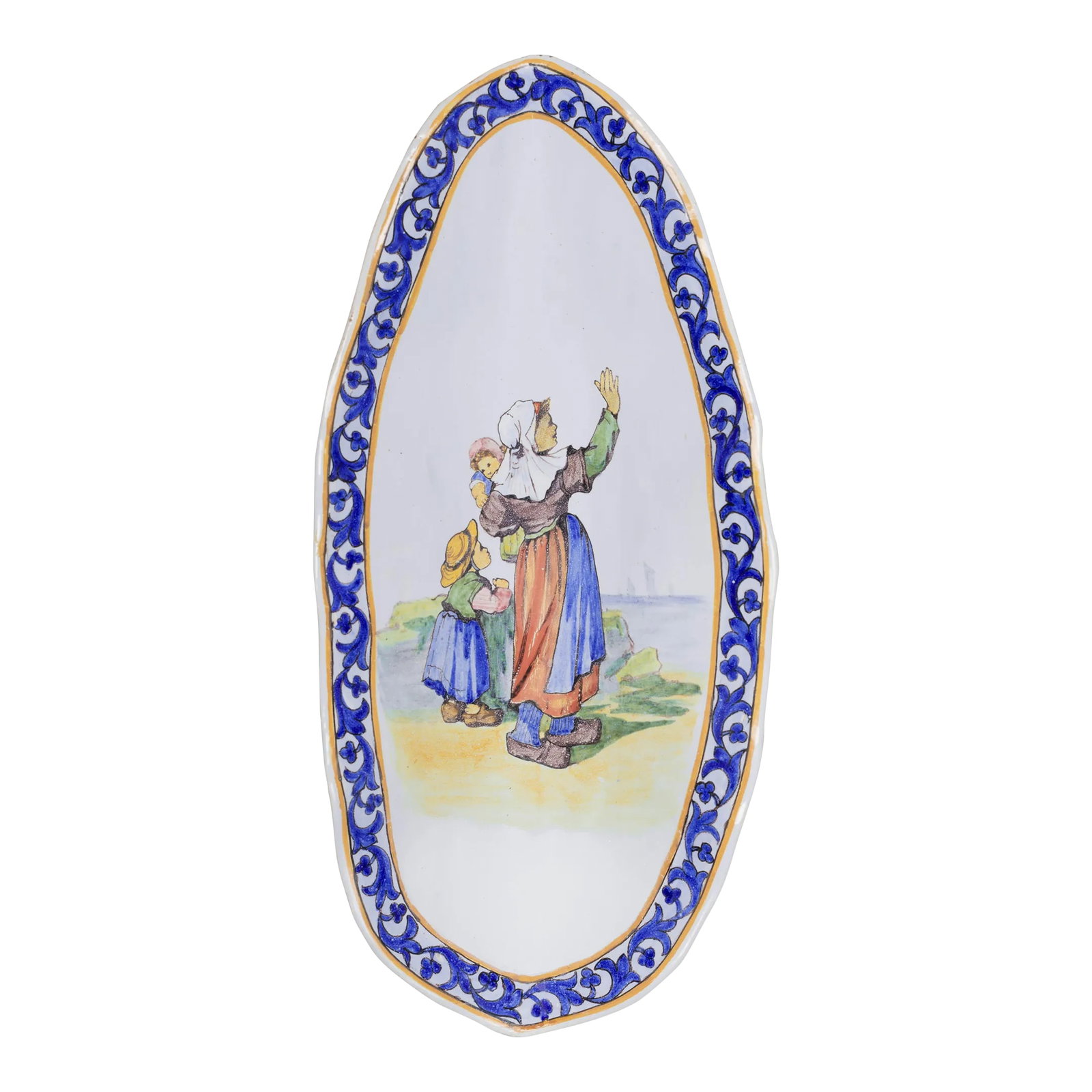19th Century French Porquier Beau Quimper Faience Dish: A 19th century French Porquier Beau Quimper faience oval dish with ruffled edge. Unusual form. Titled "Farewell Fisherman" Mark verso: PB. Circa 1894-1903. Dimensions: 12.75"W x 5.75"D x 2.25"H Condit