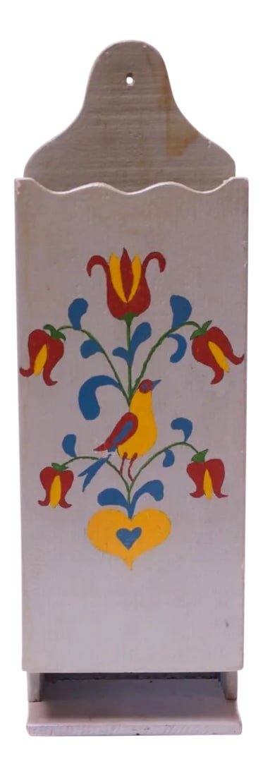 Antique Folk-Art Hand-Painted Letter Holder: Charming circa Early 20th Century Americana wooden letter holder with hand-painted bird and floral pattern. Can be wall-mounted, as the nail hole at the top suggests, or sit on a tabletop. Original pa