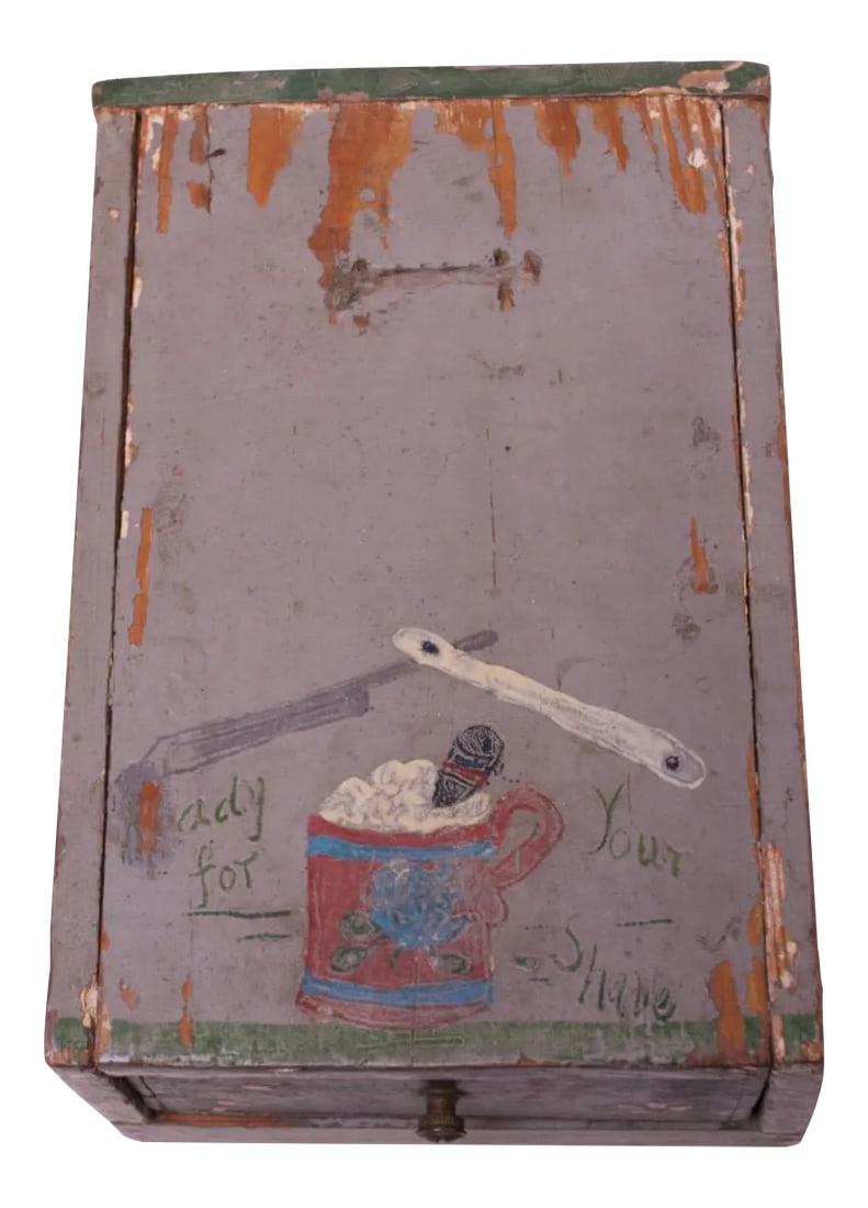 19th Century Folk Art Hand-Painted Shave Box / Caddy: Folk Art primitive shave box (circa Late 19th Century America) crudely carved, assembled, and hand-painted with single-drawer storage. Wonderful example of outsider art further enhanced by the misspel