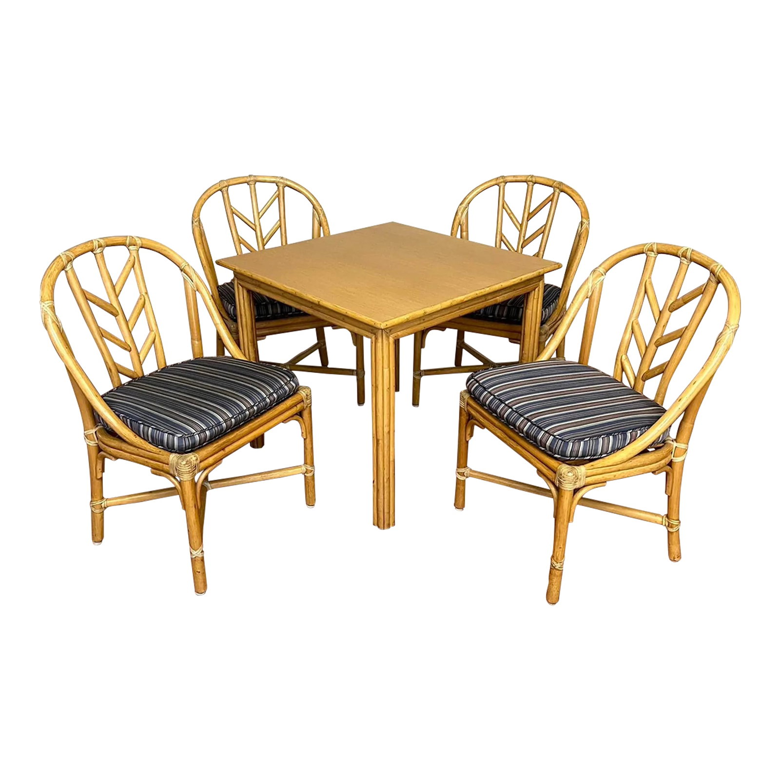 McGuire Vintage Dining Set - Square Table and Four Chairs: McGuire vintage dining set consisting of a blonde color square table and four matching chairs. The rattan side chairs were designed by Elinor McGuire and feature an offset design on the backs, a stick