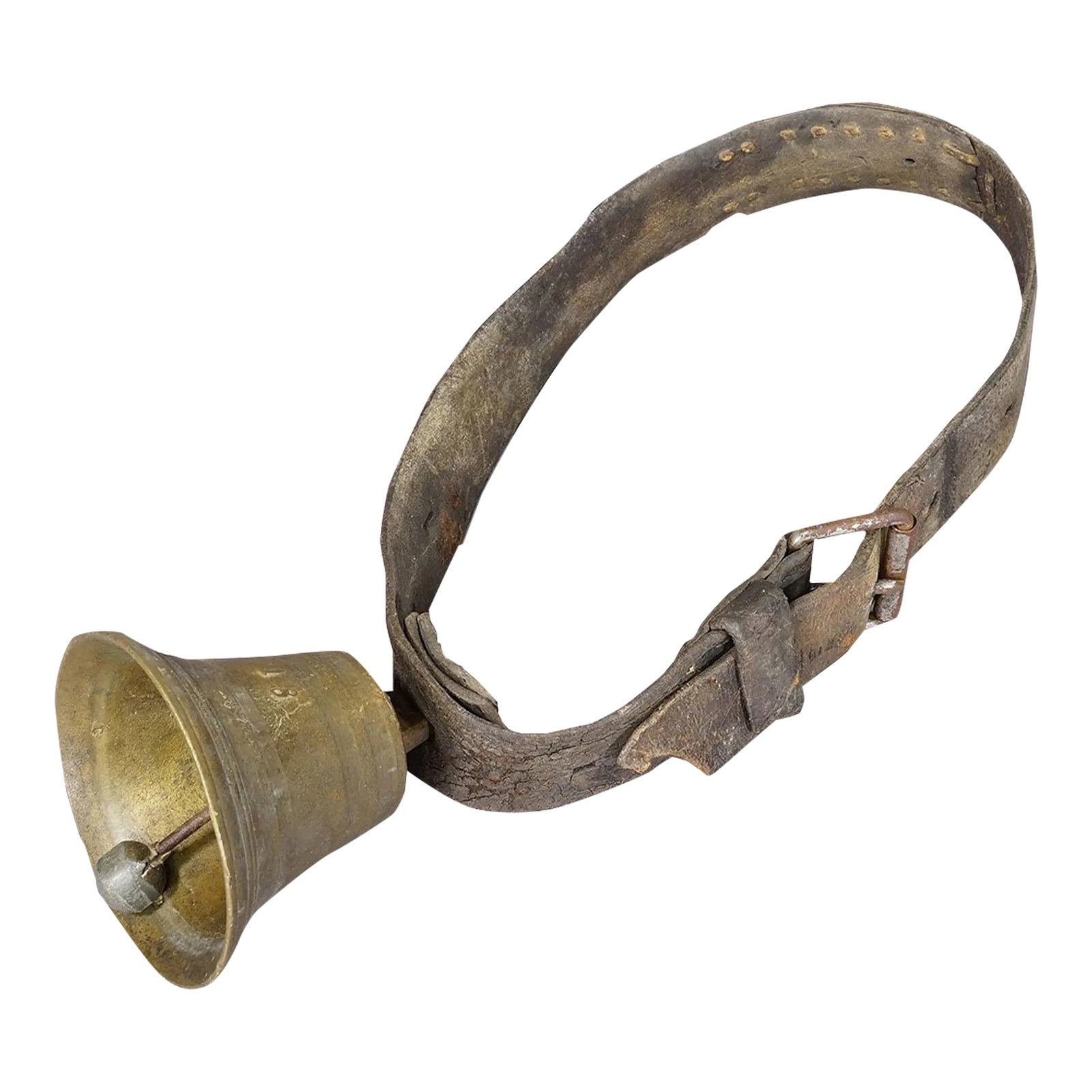 Antique Casted Bronze Cattle Bell Made in Switzerland Ca. 1900s: Antique Casted Bronze Cattle Bell Made in Switzerland ca. 1900s An antique cast bronze cattle bell, made in Switzerland around 1900. The bell comes with its original brown leather strap with buckle. B