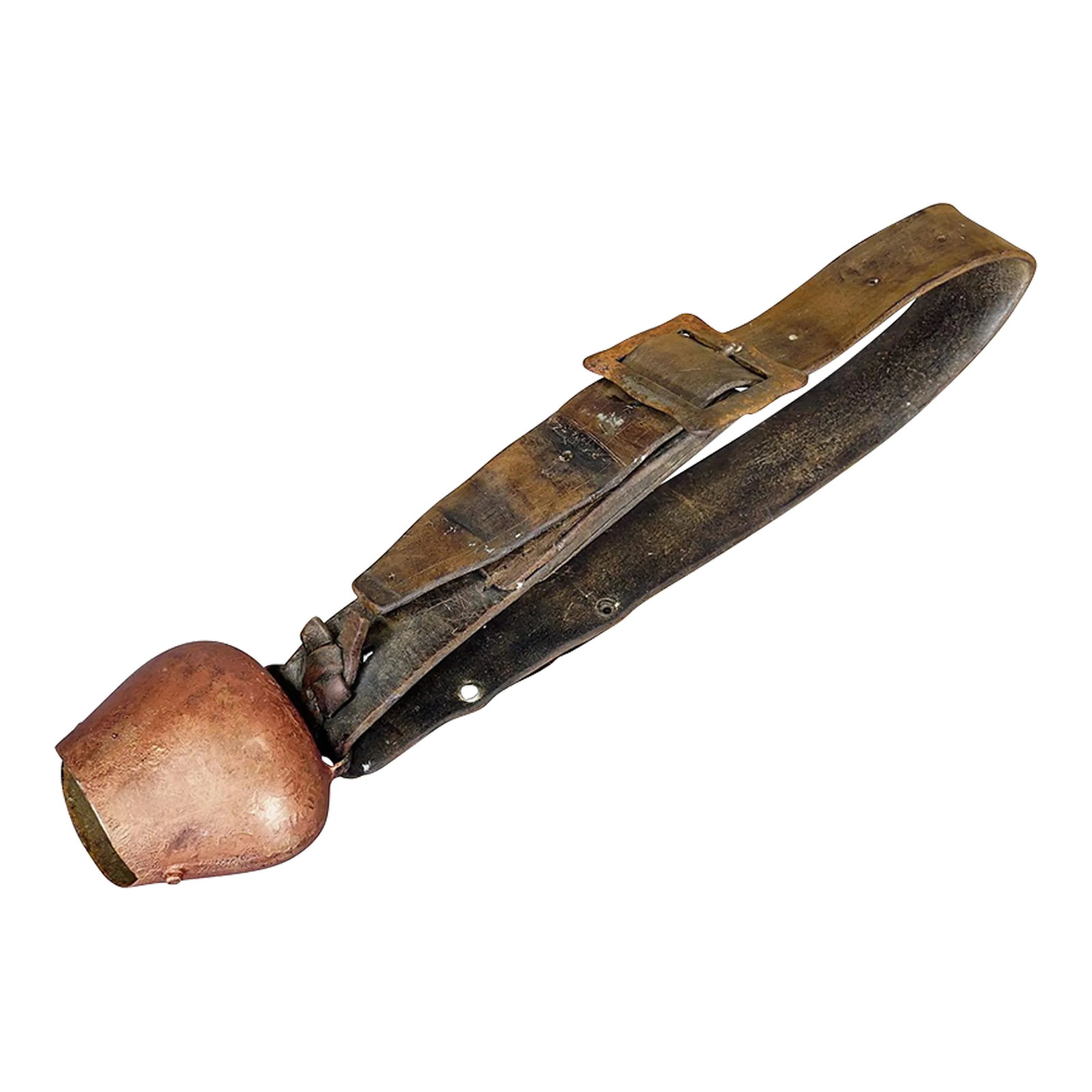Antique Handforged Cattle Bell Made in Switzerland Ca. 1900s: Antique Handforged Cattle Bell Made in Switzerland ca. 1900s An antique handforged cattle bell, made in Switzerland around 1900. The bell comes with its original brown leather strap with buckle and co