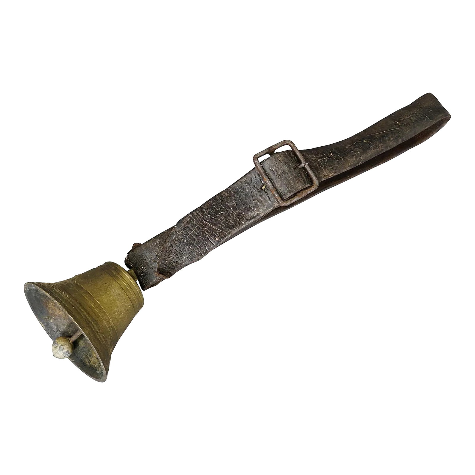 Swiss Casted Bronze Cattle Bell Ca. 1900s: Swiss Casted Bronze Cattle Bell ca. 1900s An antique cast bronze cattle bell, made in Switzerland around 1900. The bell comes with its original brown leather strap with buckle. Bells like this are sti