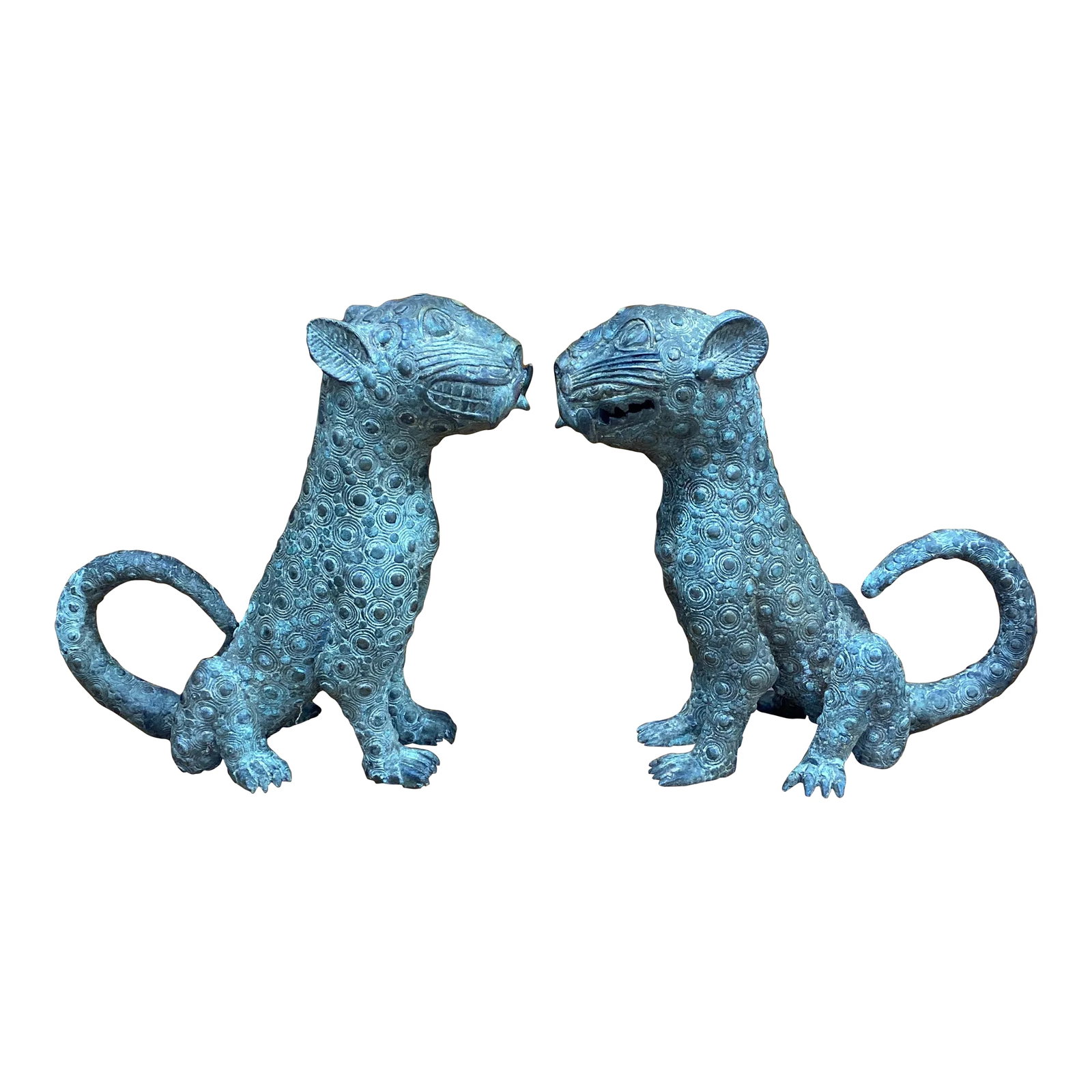 Mid 19th Century Old Benin Leopard Bronze Nigeria African ~ a Pair: Very heavy and unusual style Benin African bronze leopards. They are on the older side, good size and weight on them. Hard to find a pair. On older side, casted Bronze Nigeria circa 19th century.