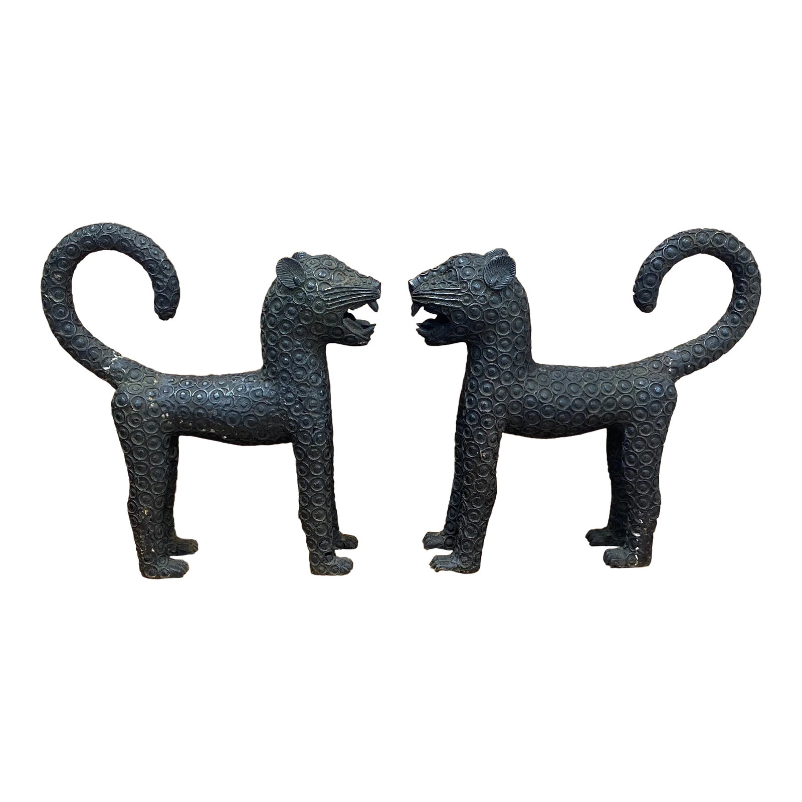 Mid 20th Century Old Benin Leopard Bronze Nigeria African ~ a Pair: Pair of African benin leopards in great condition, beautiful size and stature with good weight on them. True pair with great subject mater. Bronze casted Nigeria, mid 20th century Condition: Alteratio