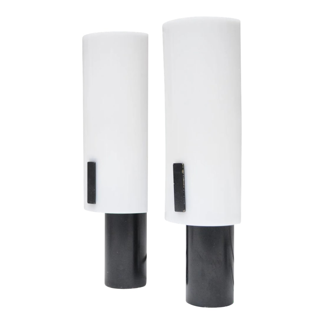 Pair of Vintage Italian Acrylic and Metal Wall Scones/Table Lamps by Stilux: Petite wall sconces/table lamps in original condition by Stilux Milano (ca. 1950s, Italy). Composed of black metal cylinders with brass hardware and black metal brackets supporting white acrylic shade