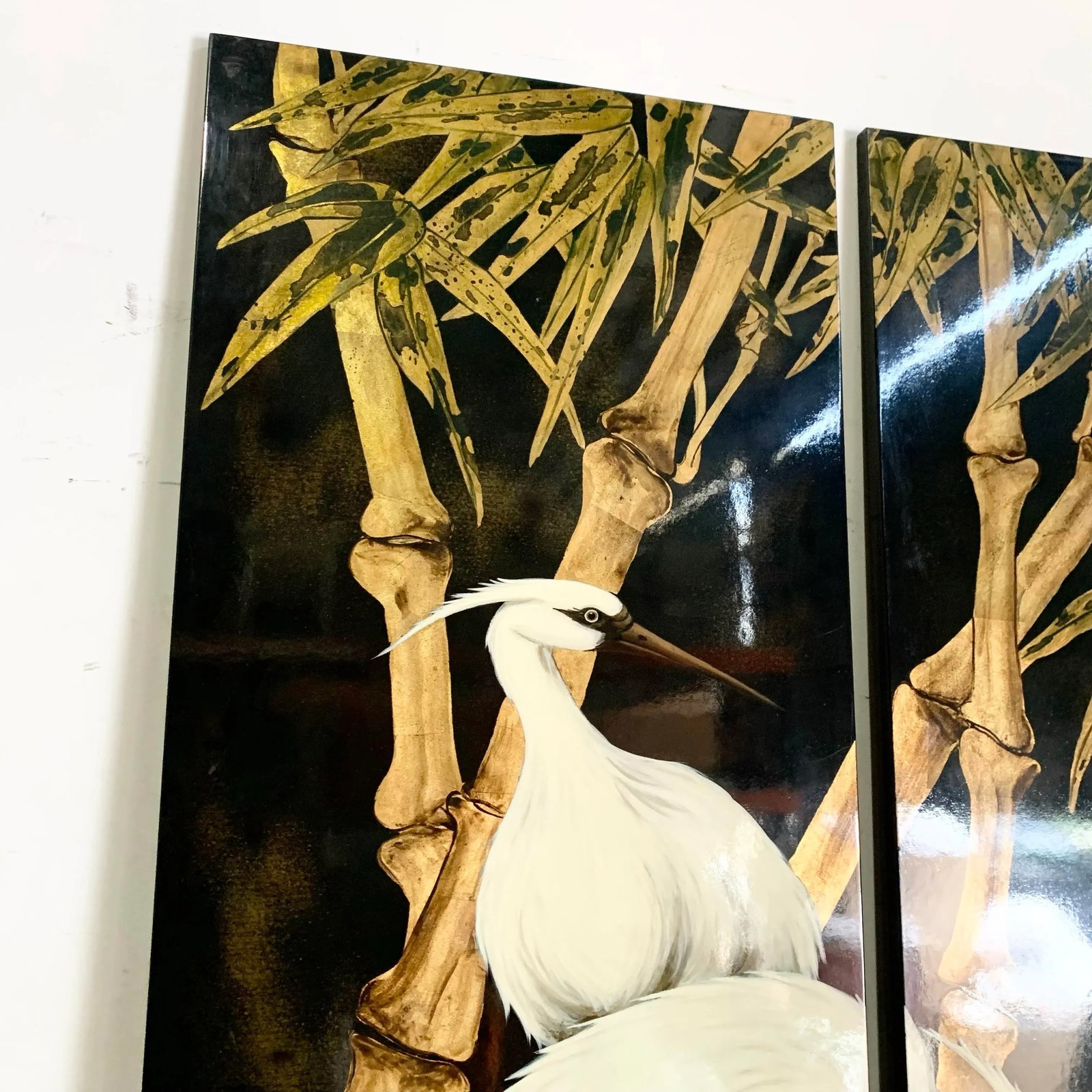 Chinese Hand Painted Egrets Wading Amongst the Trees on Wooden Board - 2 Pieces - 5