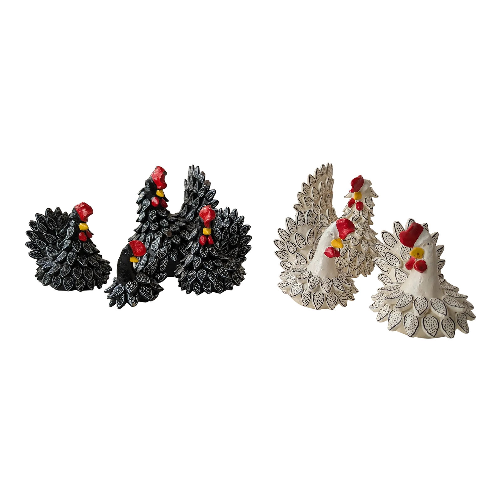 Set of 7 South American Clay Folk Art Chickens – Hand-Painted: Set of 7 South American Clay Folk Art Chickens – Hand-Painted Add charm and cultural flair to your decor with this whimsical set of 7 handmade South American clay chickens. Each piece features