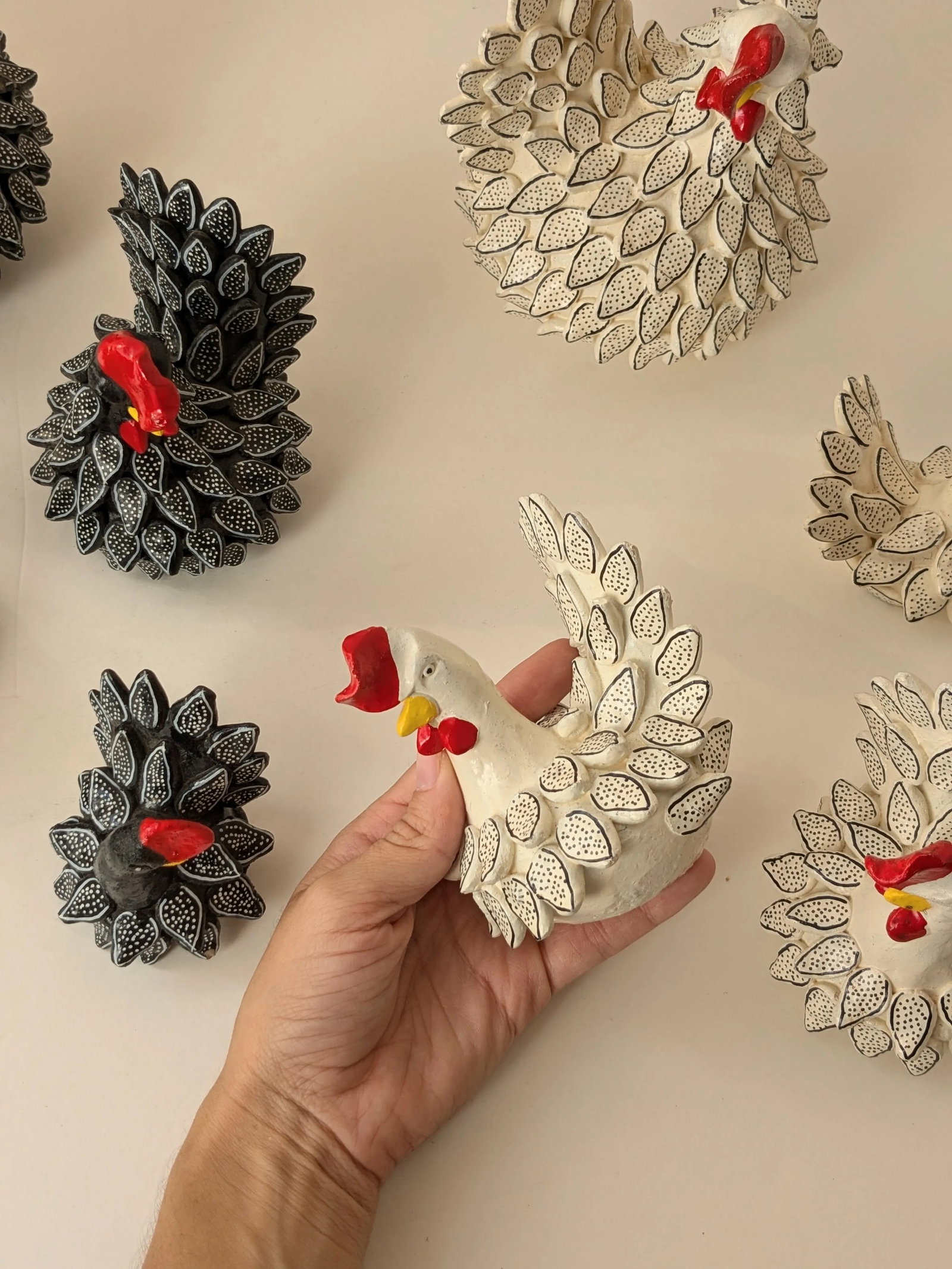 Set of 7 South American Clay Folk Art Chickens – Hand-Painted - 9