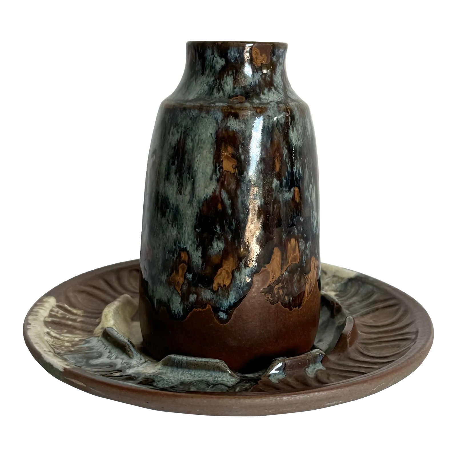Vintage Ash Tray and Vase by Pottery Craft - 2 Pieces: This stunning vintage set by Pottery Craft includes a beautifully glazed ashtray and vase. The pieces showcase earthy tones of brown and gray, with unique dripping glaze patterns that add depth and ch