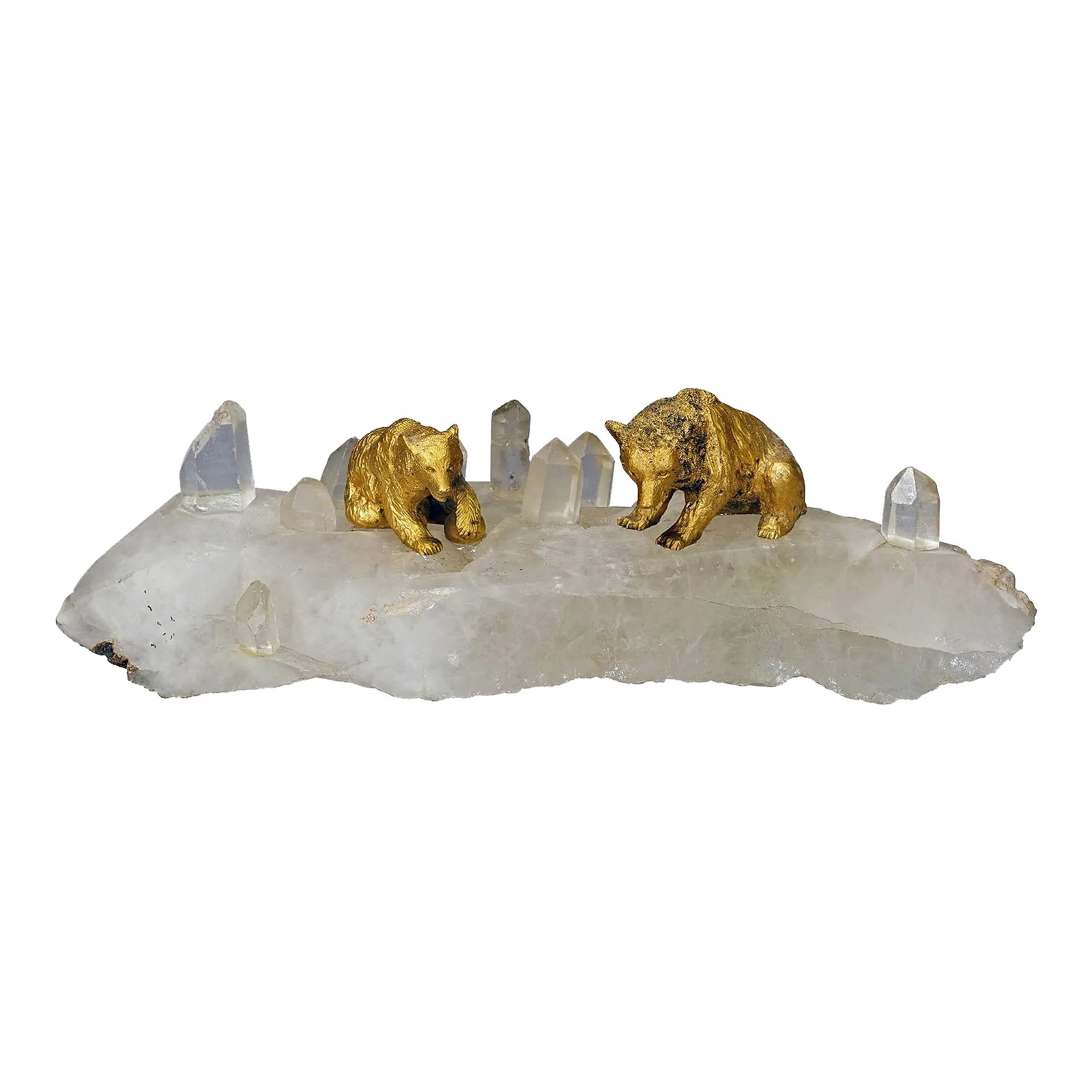 Pair Antique Vienna Bronce Bears on a Crystal Rock: Pair Antique Vienna Bronce Bears on a Crystal Rock A pair of beautiful gilt bronze statues of wandering bears on a crystal rock. A magnificent, realistic example of the famous Viennese bronze statues 