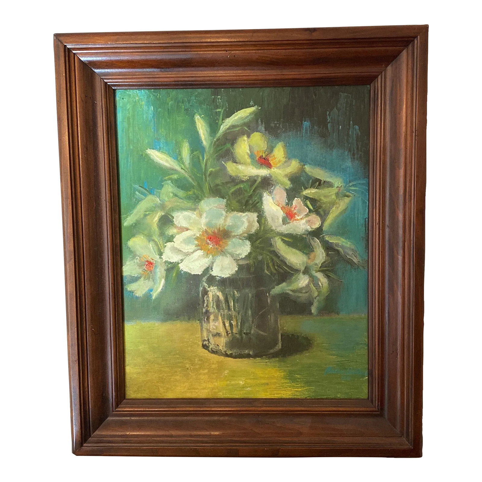 Vintage 1970s Floral Still Life Painting on Canvas~ Signed: Beautiful 1970s floral still life painting on canvas, very unsual colors, good look and size to it. Framed in an older style brown frame Condition: Alterations: Original Condition Unaltered
