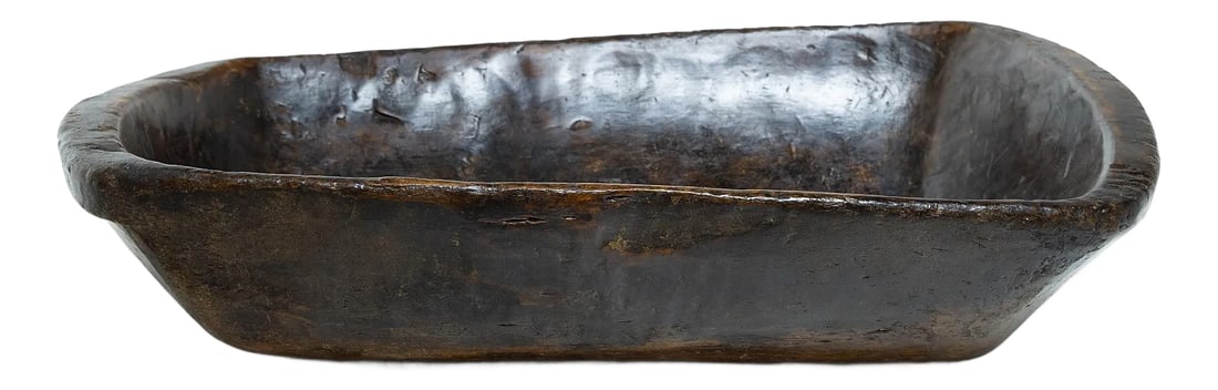 Large Provincial Chinese Farm Tray, c. 1900: This large wooden farm tray from perfectly balances rustic texture with minimalist simplicity. Carved from a solid block of wood, the tray has a rectangular shape with rounded corners, sloping sides,