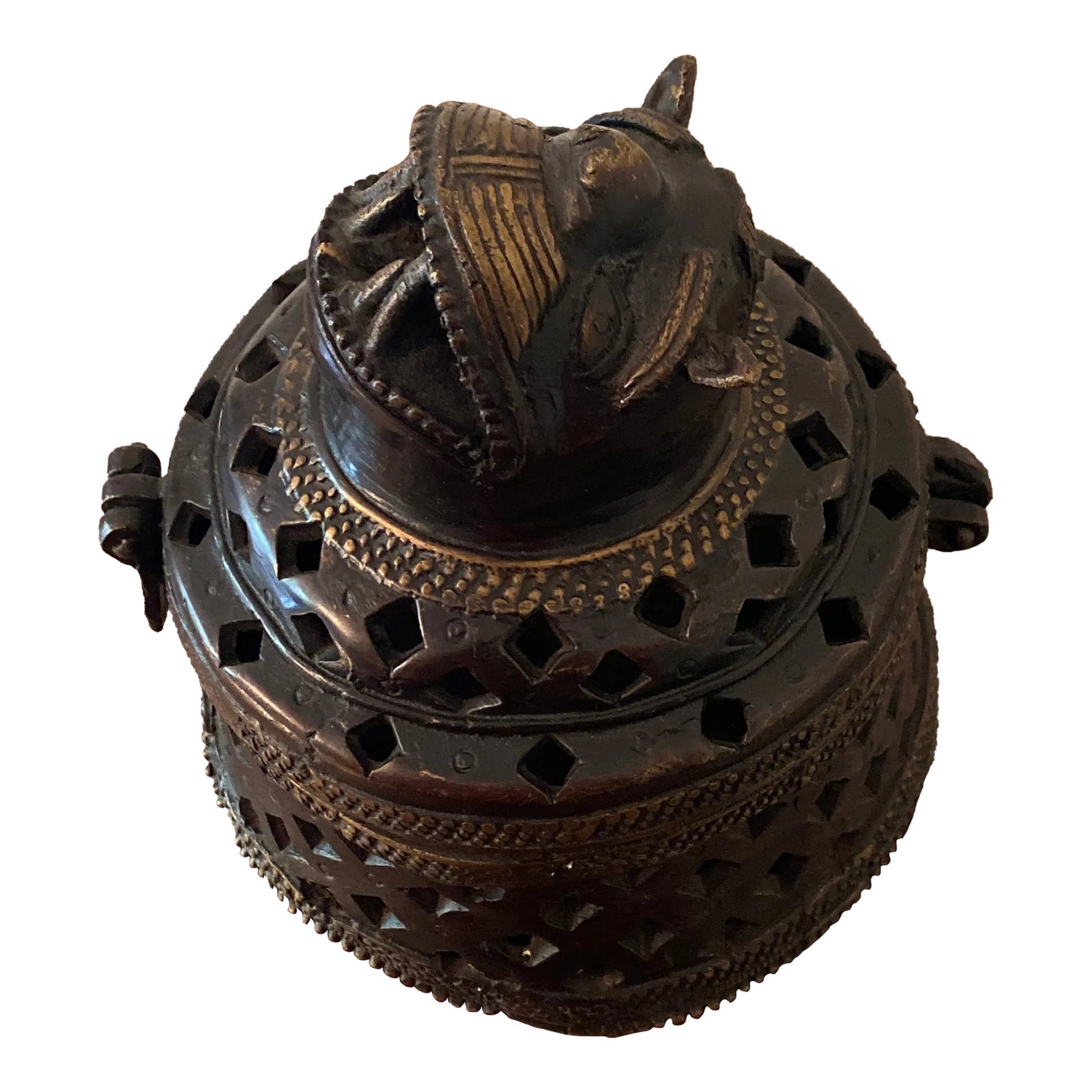 1970s Vintage Asian Bronze Incense Burner/Trinket Box: Interesting heavy bronze incense burner/trinket box Condition: Alterations: Original Condition Unaltered Imperfections: Some Imperfections Condition Notes: In great condition no broken or missing piec