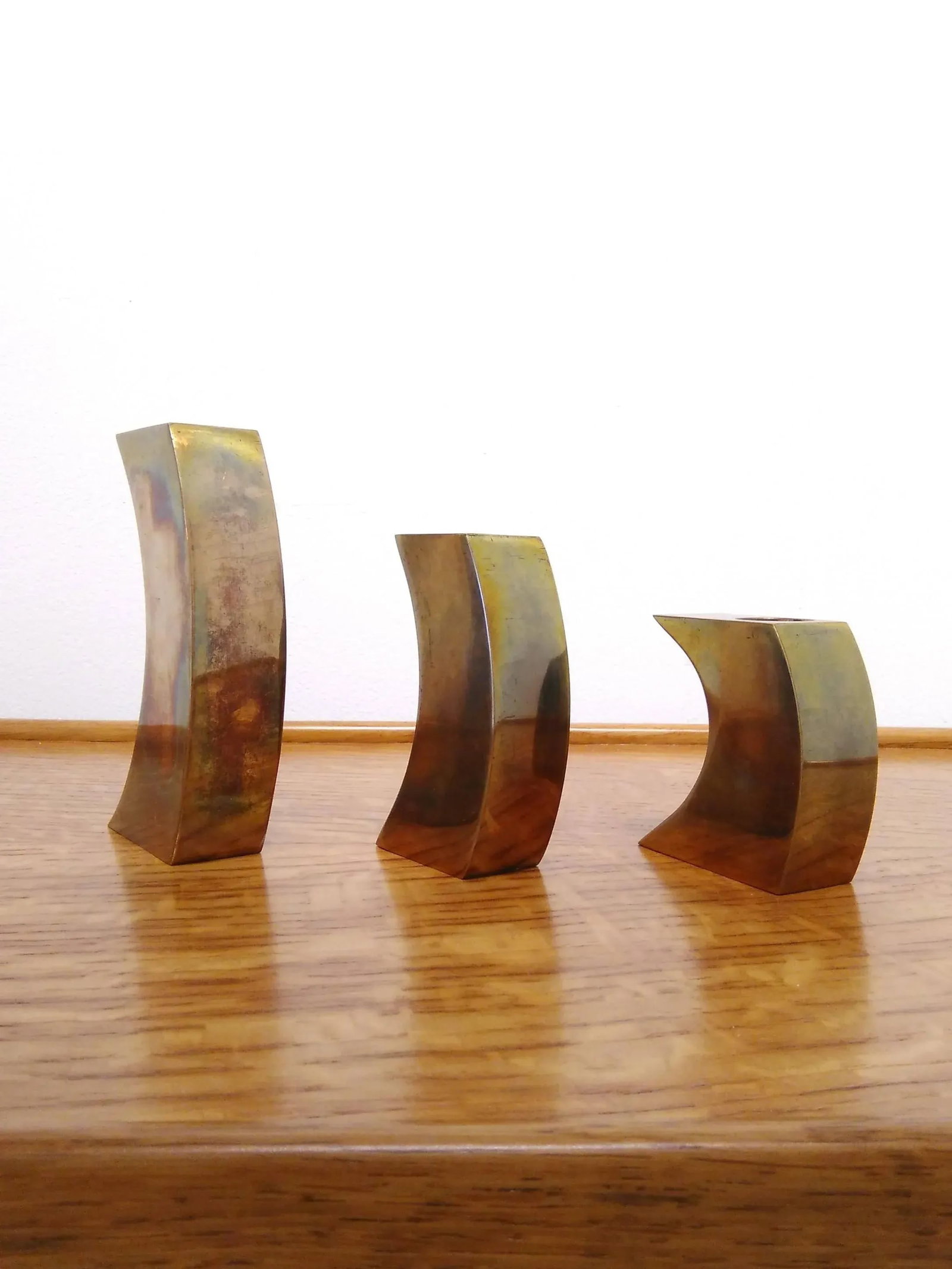 Signed Suite of Three Solid Patinated Bronze Candle Holders, France, 1970s - 5