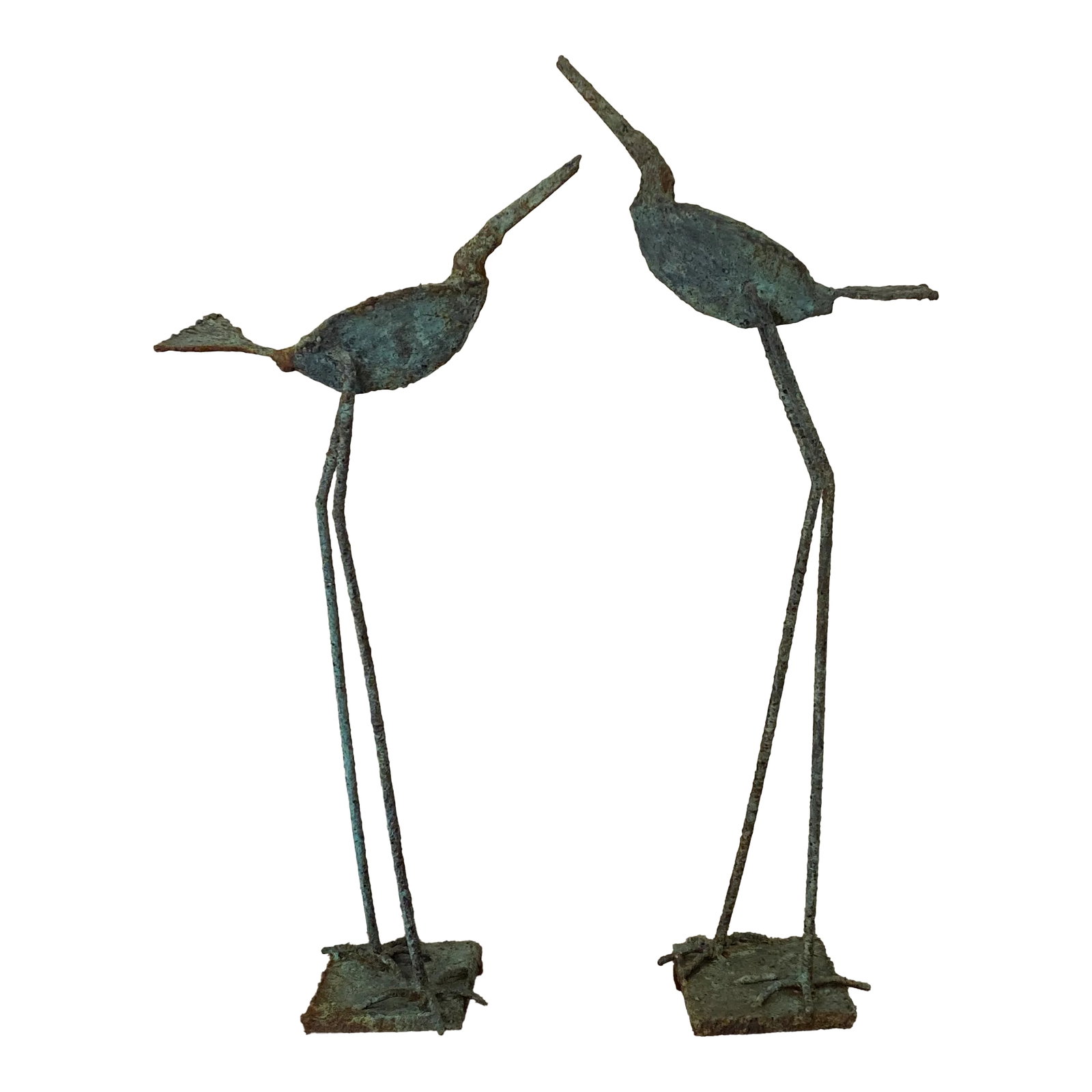 Early 21st Century Bronze Artist Made Brutalist Style Large Bird Sculpture- a Pair: Superb Artist Made Bronze bird Sculpture that was Made by a local Atlanta artist, nice brass and bronze textured bird sculpture that has an awesome verdigris patina to it! Great size and look to them,