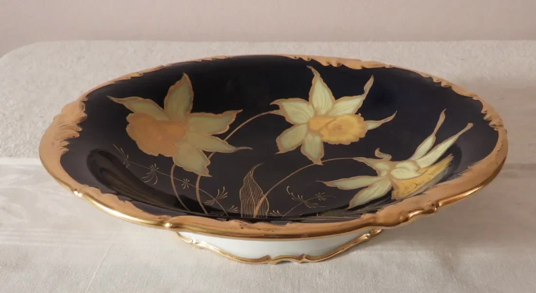 Johann Haviland Bavaria Cobalt Blue Daffodils Center Pedestal Bowl Serving Dish, 1907-1924 - 5