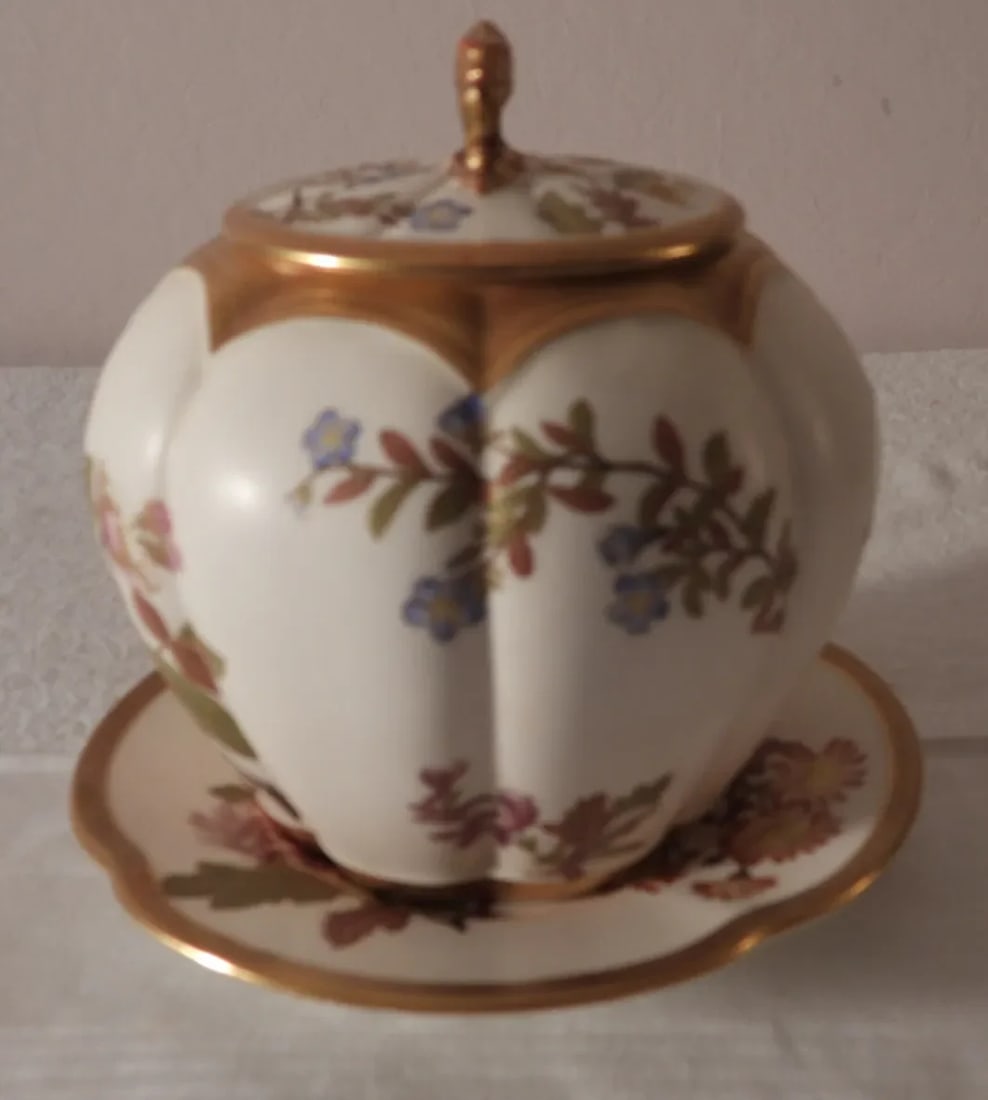 Antique Royal Worcester England Chinoiserie Floral Bisque Biscuit Jar Underplate 1888 - 3