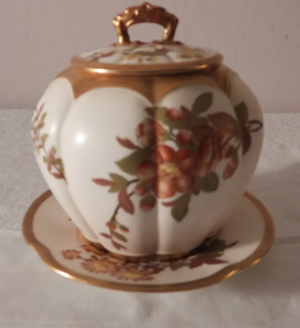 Antique Royal Worcester England Chinoiserie Floral Bisque Biscuit Jar Underplate 1888 - 4