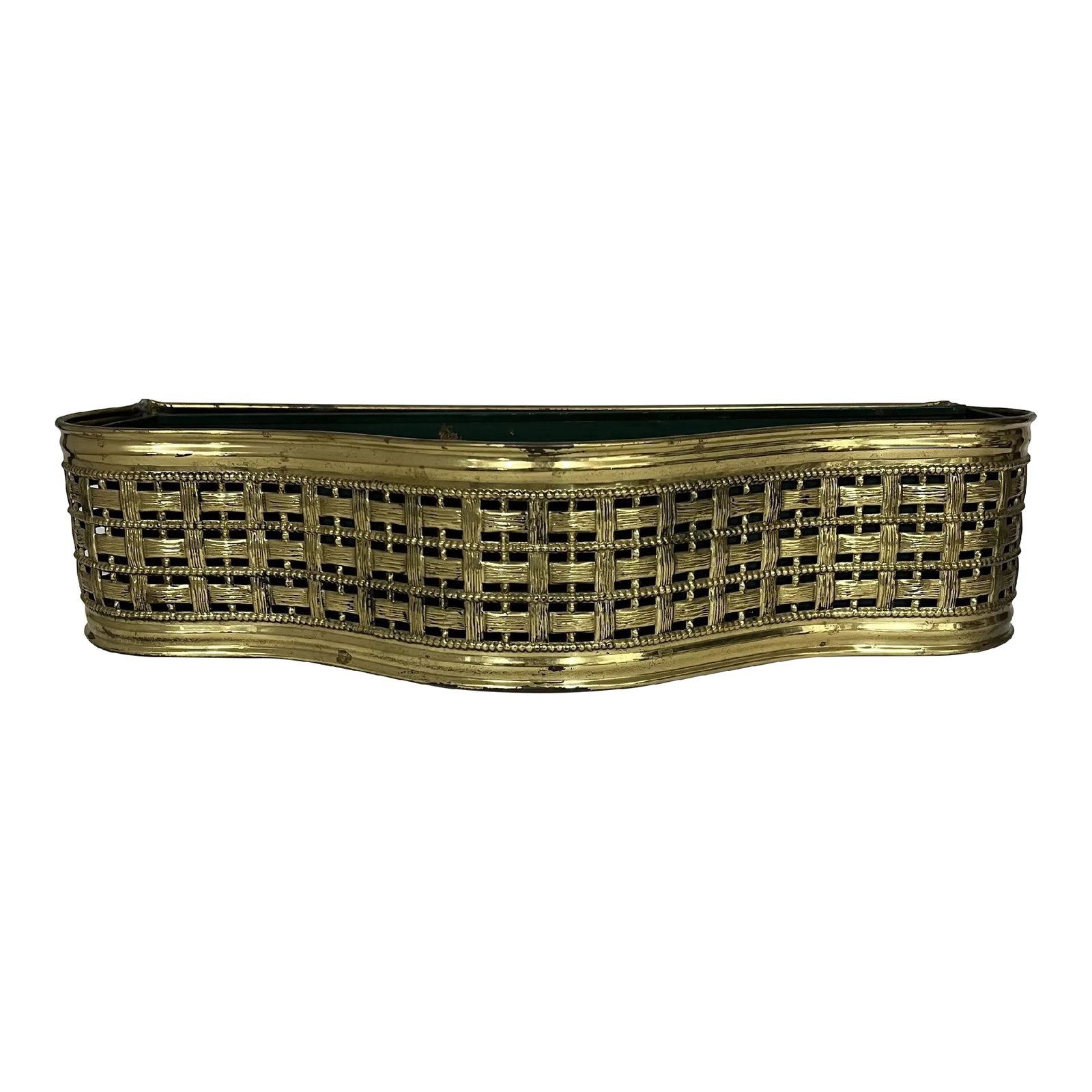 Rare Mid Century Gold Metal Basketweave Design Serpentine Shape Cachepot Planter With Liner, Made in: Mid century basketweave design serpentine shape gold metal cachepot planter with original green metal liner. Good size for orchids and other small house plants or faux arrangements. Measures 15" w x 5