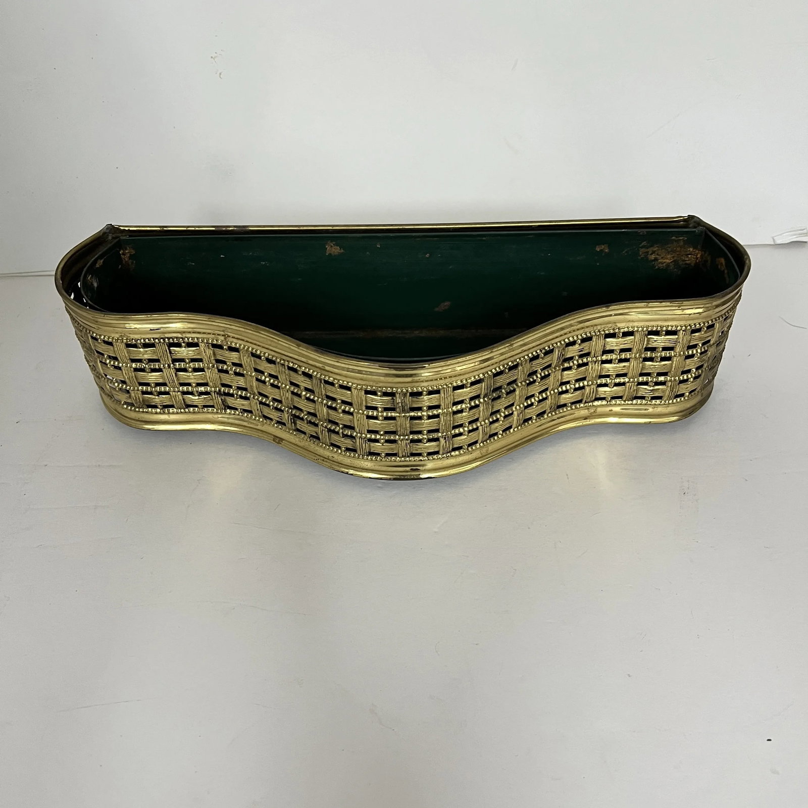 Rare Mid Century Gold Metal Basketweave Design Serpentine Shape Cachepot Planter With Liner, Made in - 2