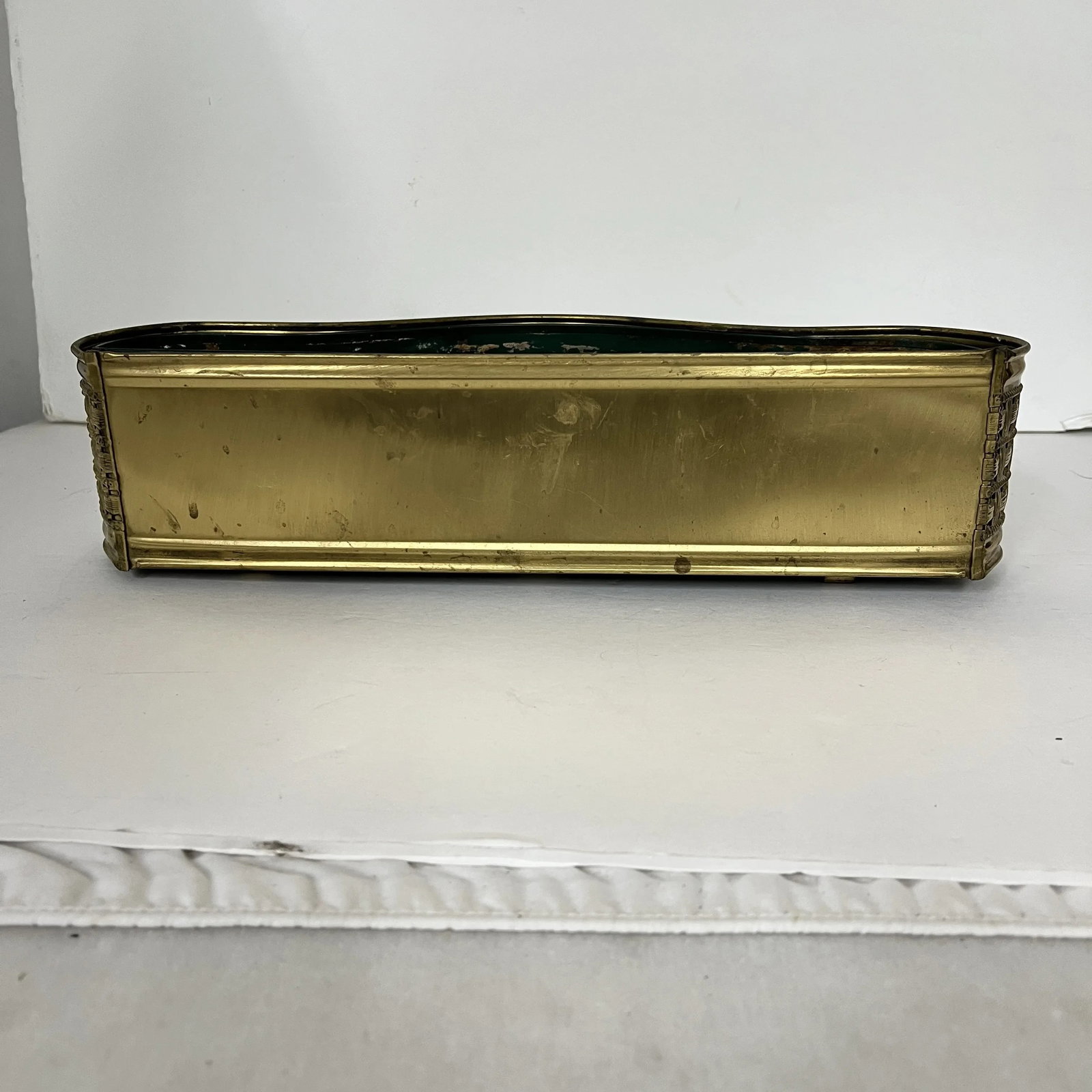 Rare Mid Century Gold Metal Basketweave Design Serpentine Shape Cachepot Planter With Liner, Made in - 3