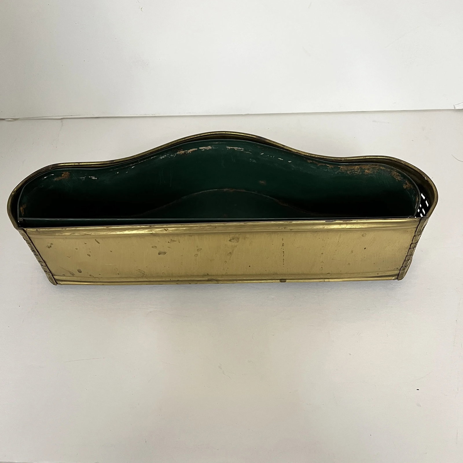 Rare Mid Century Gold Metal Basketweave Design Serpentine Shape Cachepot Planter With Liner, Made in - 4