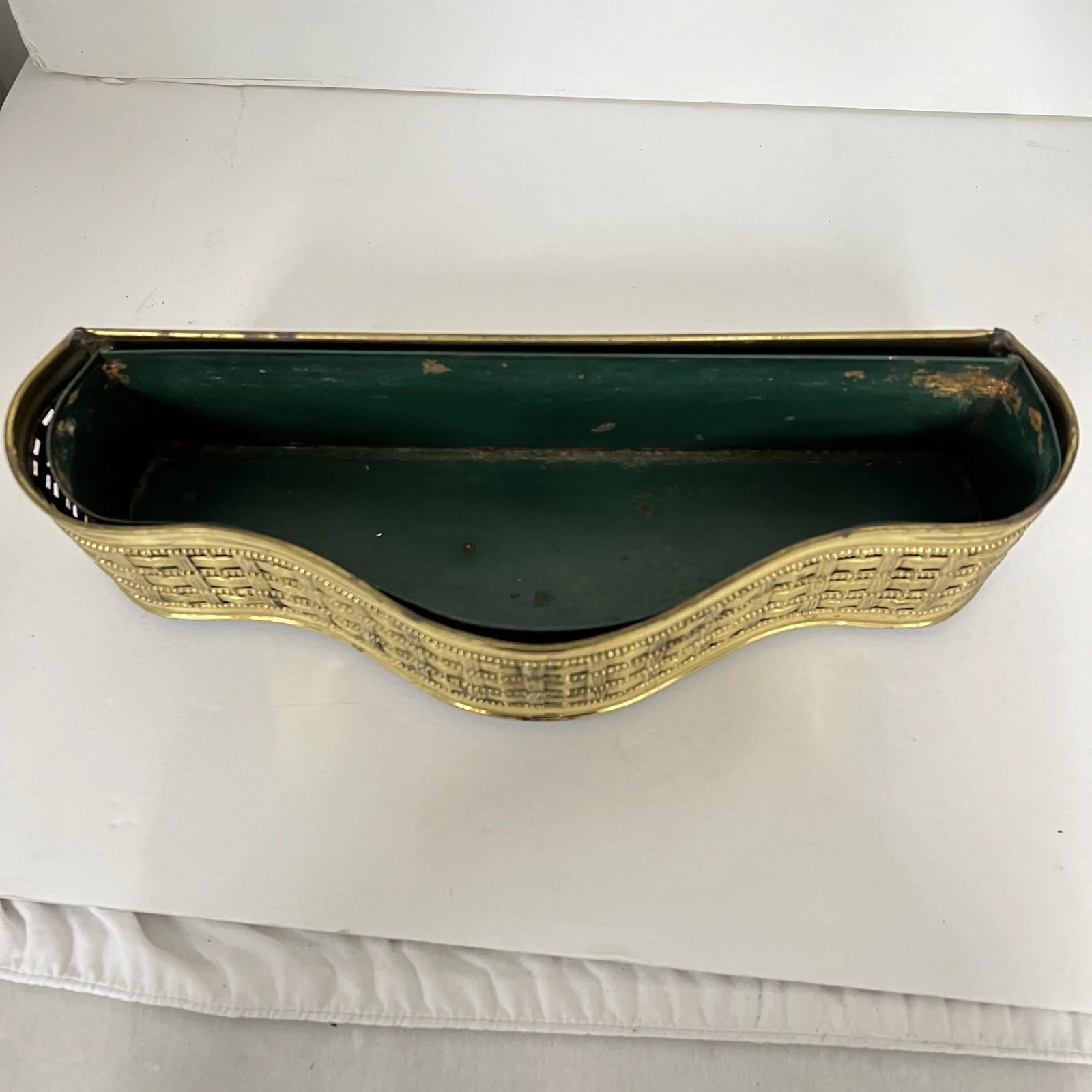 Rare Mid Century Gold Metal Basketweave Design Serpentine Shape Cachepot Planter With Liner, Made in - 5