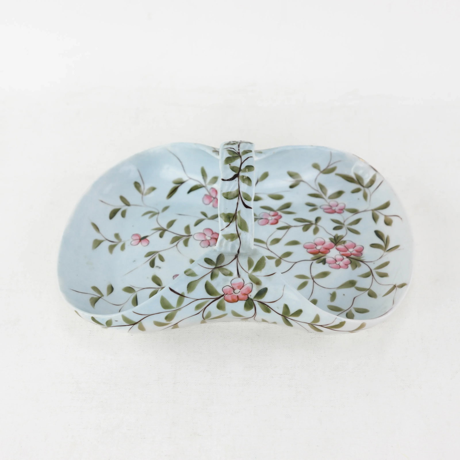 Vintage Porcelain Handled Basket With Hand-Painted Pink Floral Design - 11