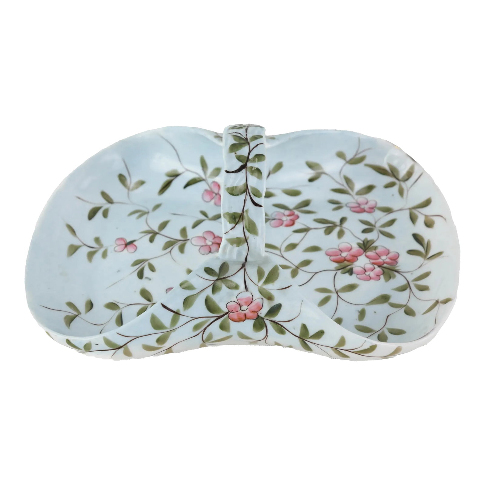 Vintage Porcelain Handled Basket With Hand-Painted Pink Floral Design: This exquisite vintage porcelain basket features a delicate hand-painted floral design in soft pinks and greens. Its unique divided design and central handle make it both a charming decorative piece