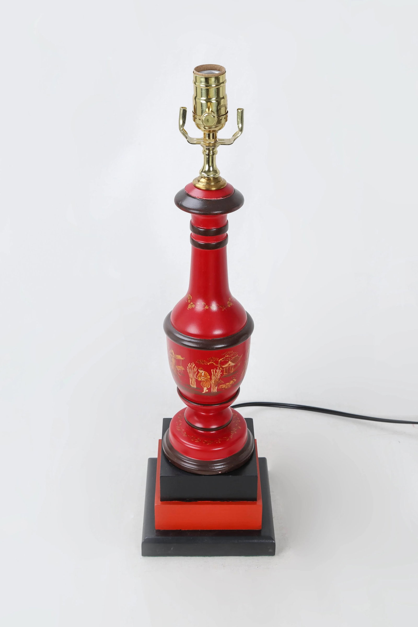 Vintage Red and Black Handpainted Chinoiserie Flask Lamp - 2