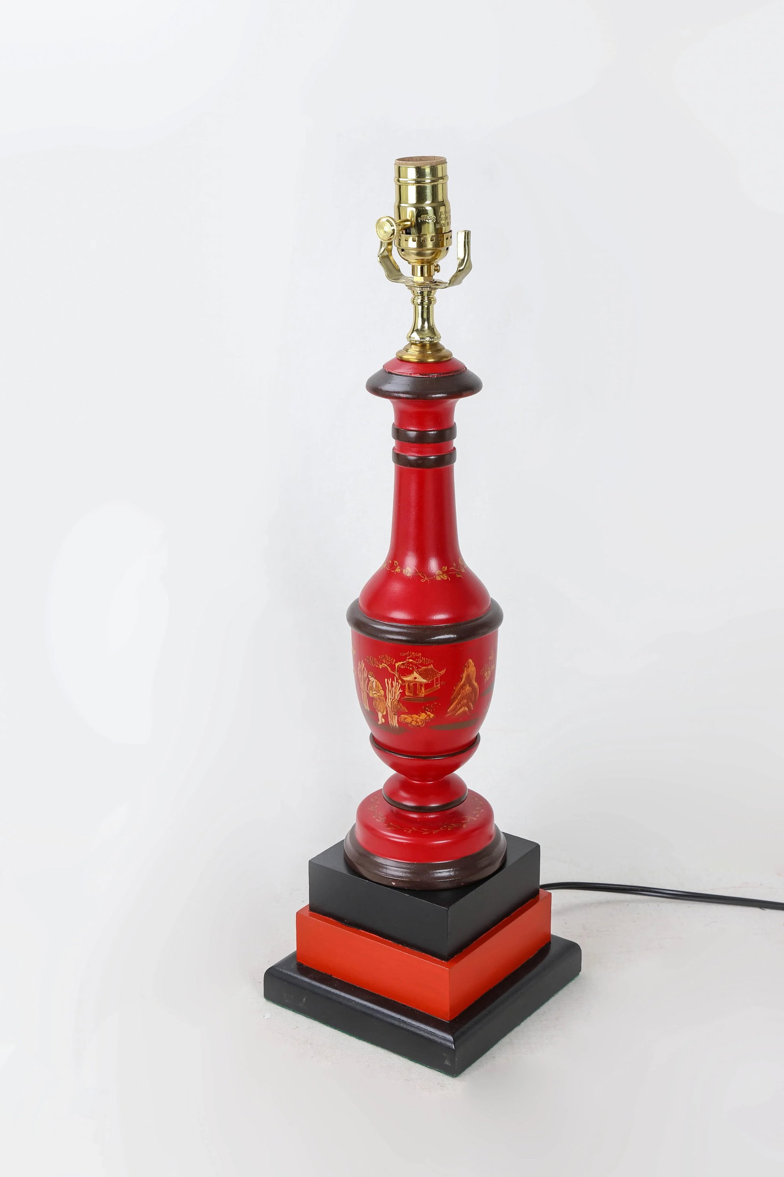 Vintage Red and Black Handpainted Chinoiserie Flask Lamp - 3