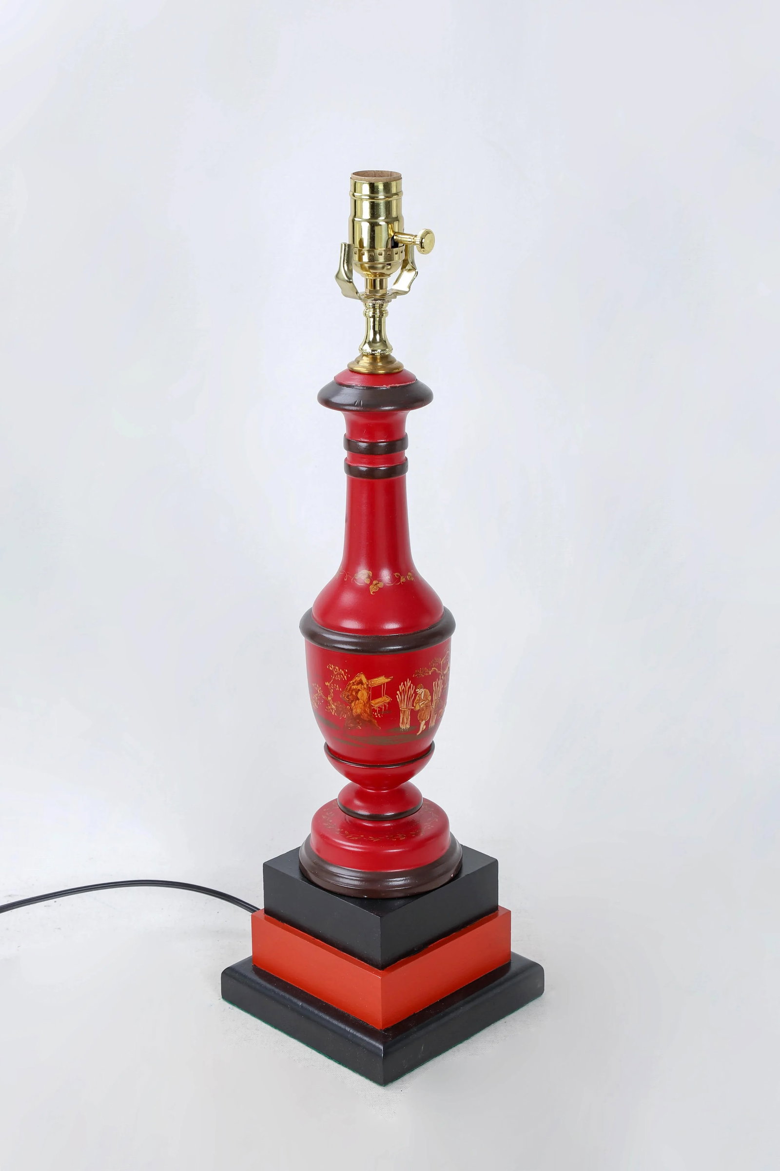 Vintage Red and Black Handpainted Chinoiserie Flask Lamp - 4