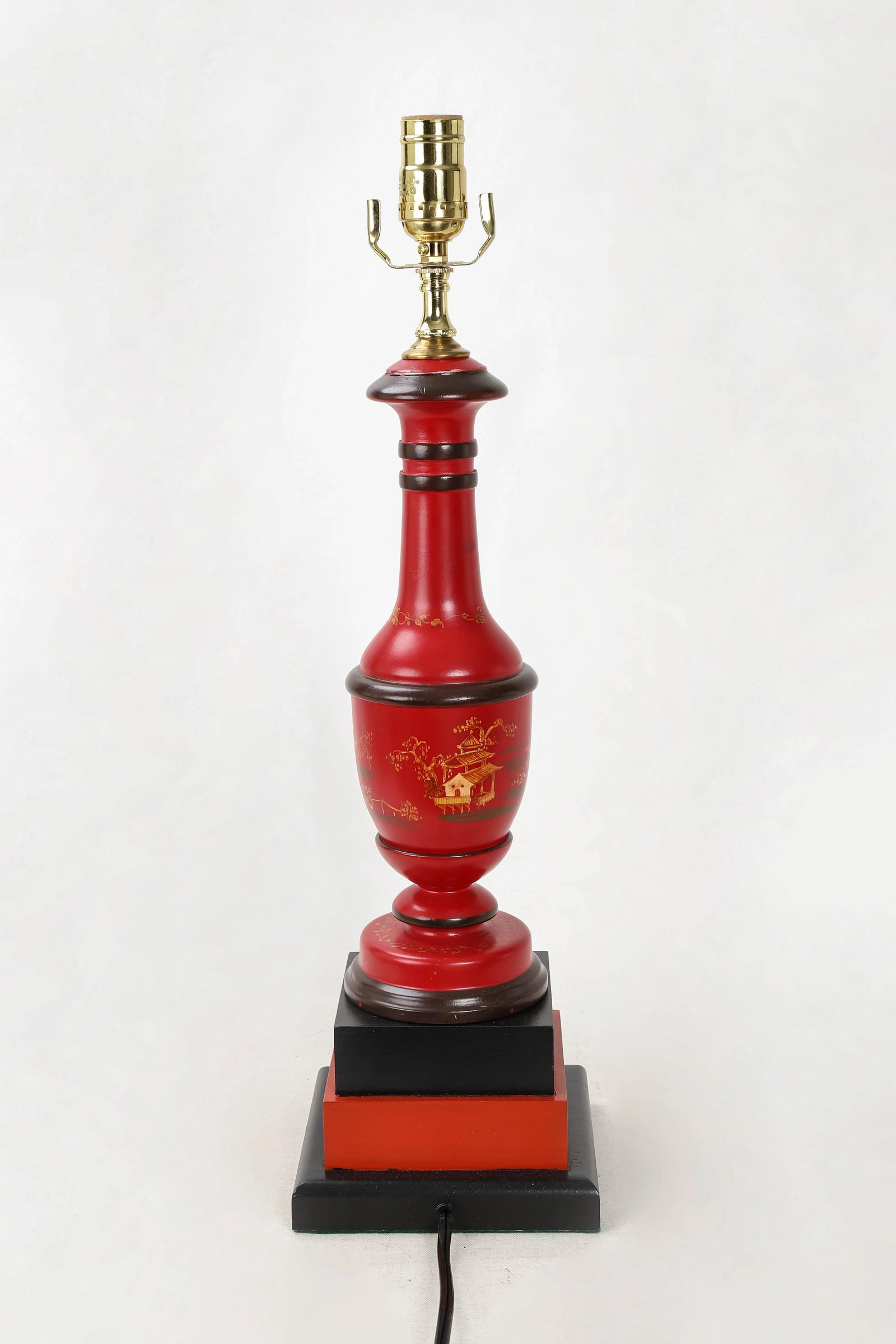 Vintage Red and Black Handpainted Chinoiserie Flask Lamp - 6
