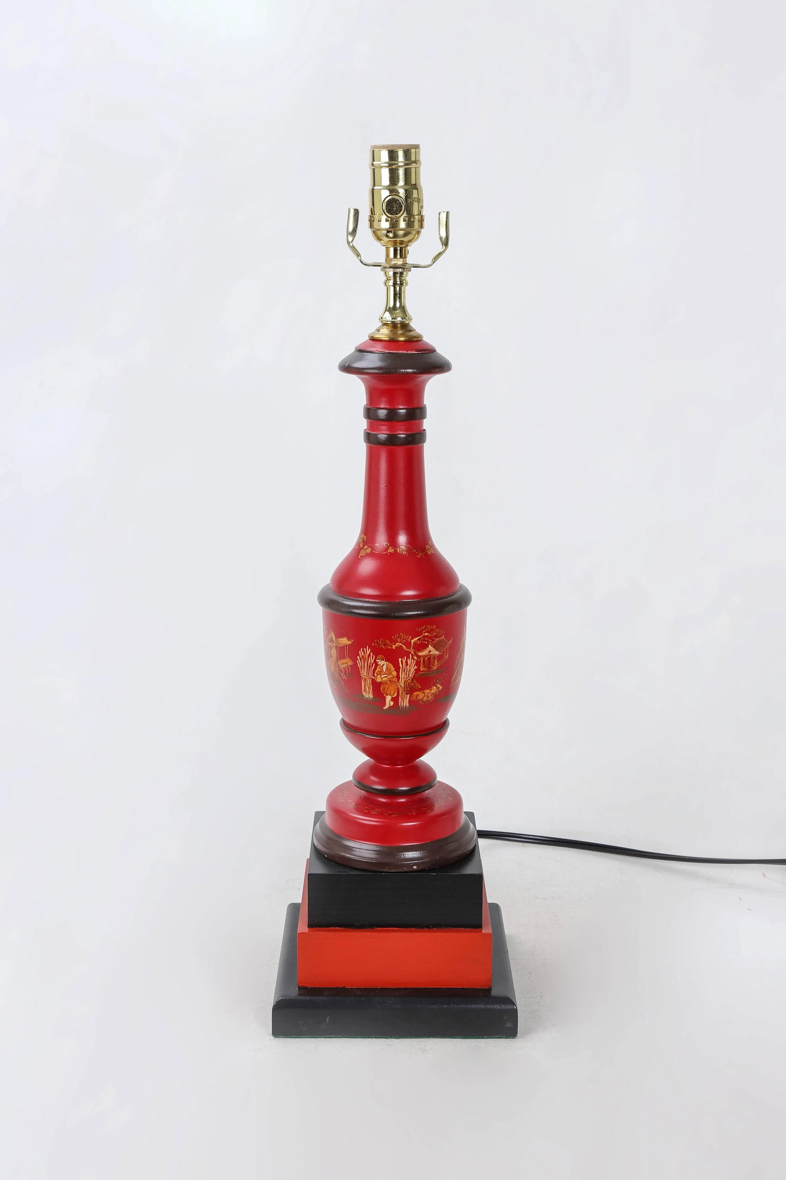Vintage Red and Black Handpainted Chinoiserie Flask Lamp - 7