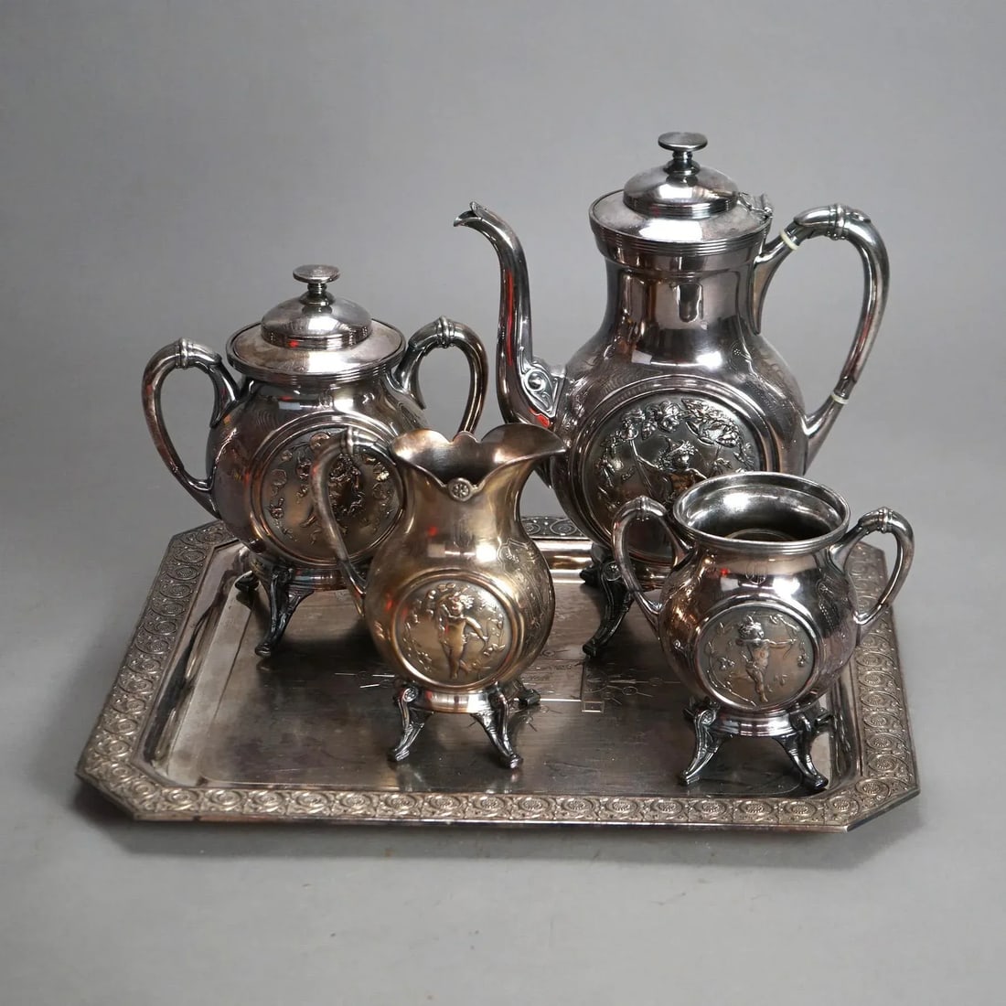 Antique 5 Piece Bailey & Brainard Egyptian Revival Silver Plate Tea Set Circa 1890 - 11
