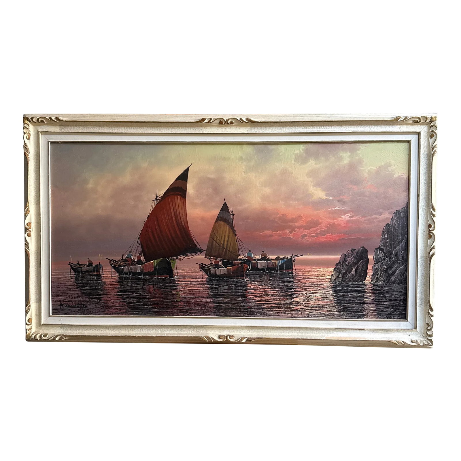 Early 20th Century Italian Style Seascape Painting Signed and Framed: An Italian style oil painting on canvas. The painting depicts mast boats sailing in the ocean with sea stacks with calm waters.The piece is signed to the lower left. The painting is presented in an It