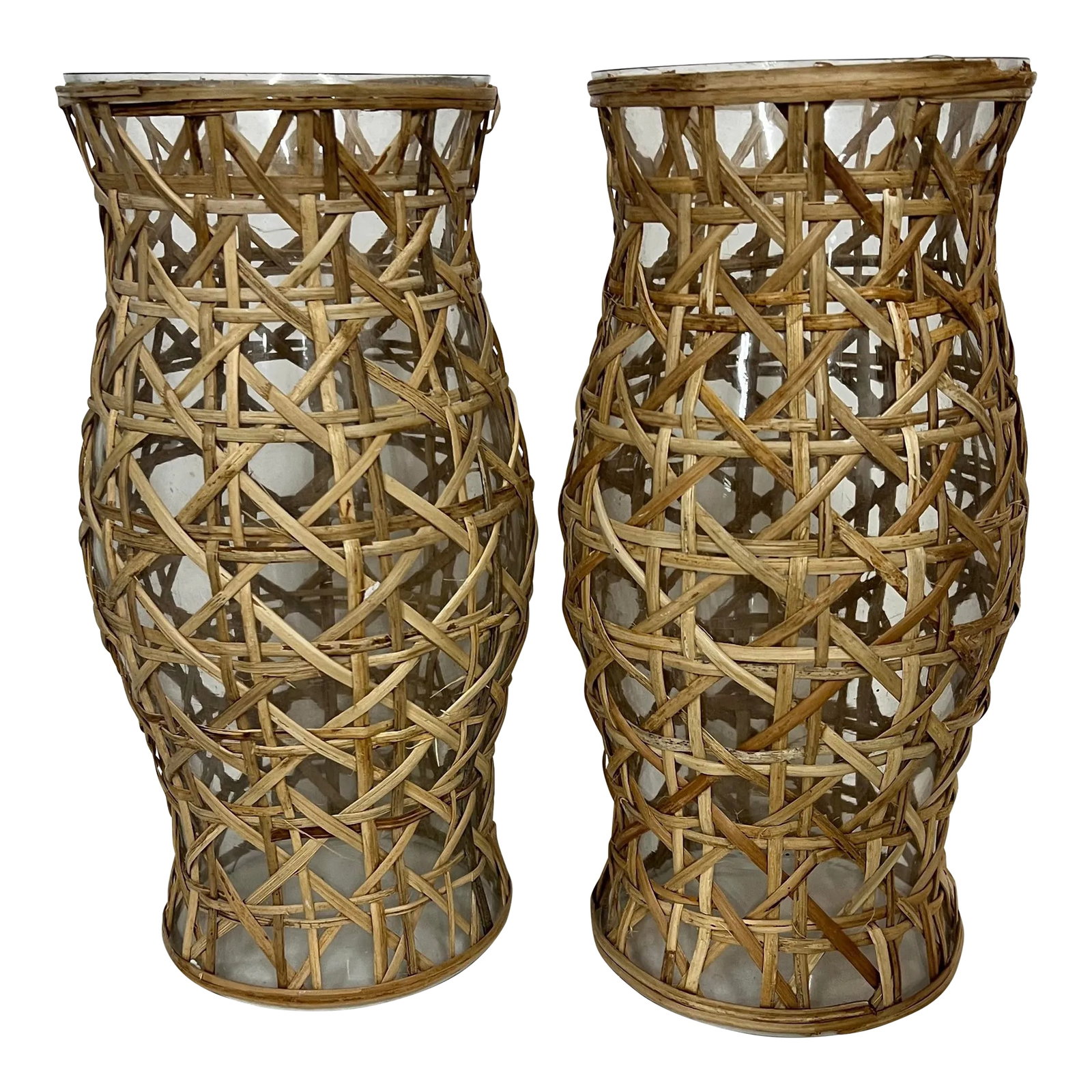 Cane and Glass Hurricane Globe Candleholder Covers - a Pair: A pair of glass covered in cane hurricane globes. Mixes well with almost any style decor. Measures at the widest points 6" diameter x 11" h. Will fit over candle holders 3.75" or less in diameter.
