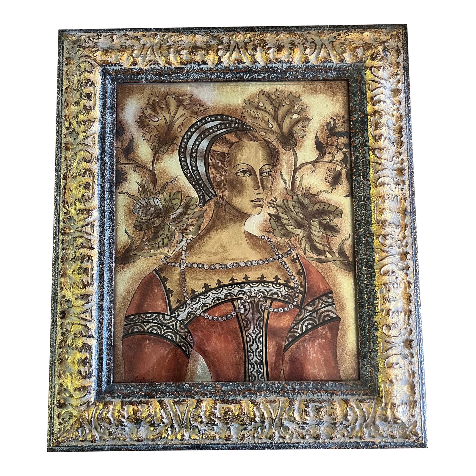 Late 20th Century Philippe Campeggi: Victorian Lady Painting: Gold Leaf on paper on board. signed lower left. in new custom gilt-wood frame Art size: 16.5" by 13" Condition: Alterations: Original Condition Unaltered Imperfections: Some Imperfections Condition