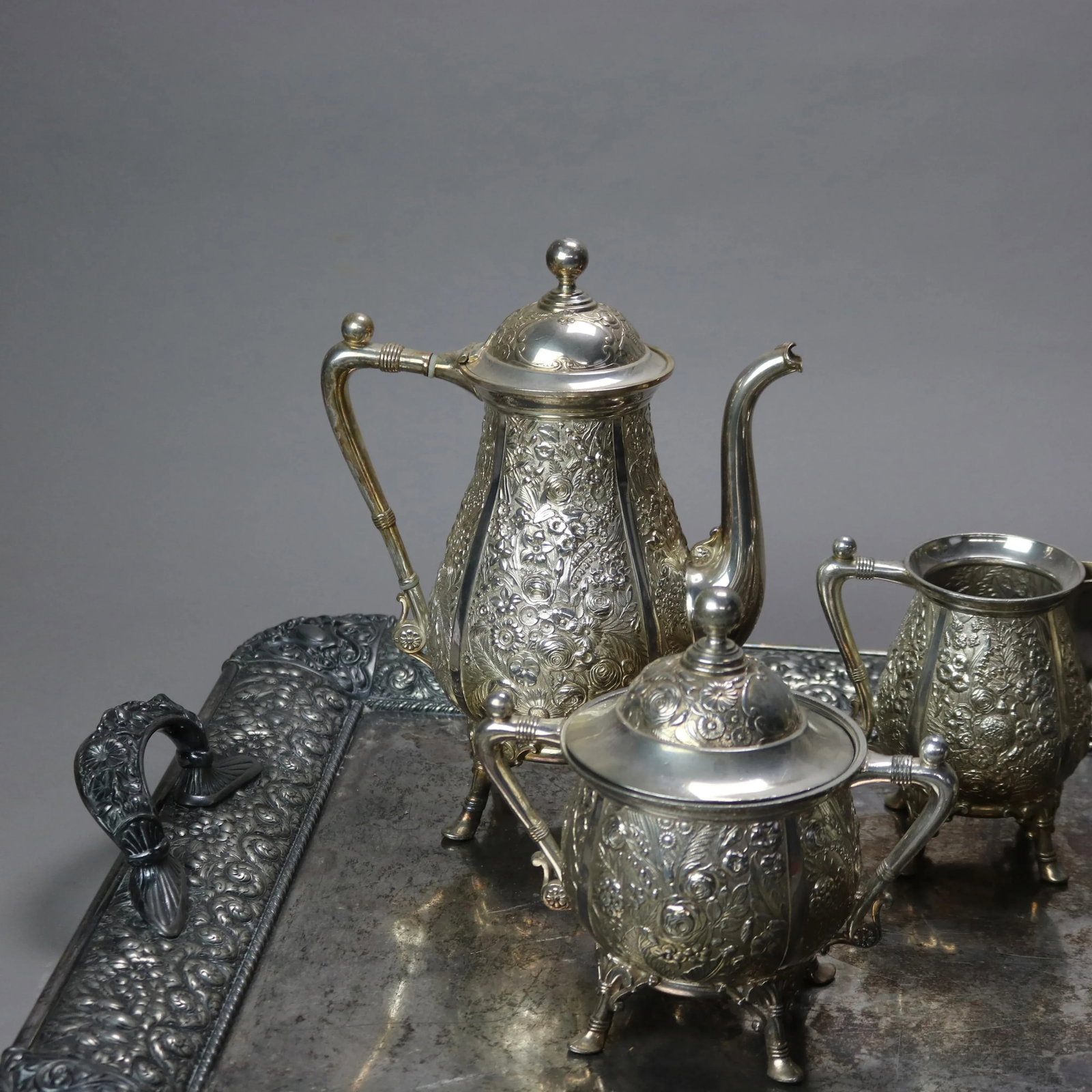 Circa 1890 Antique Silver Plated Floral Repousse Tea Set- 6 Pieces - 8