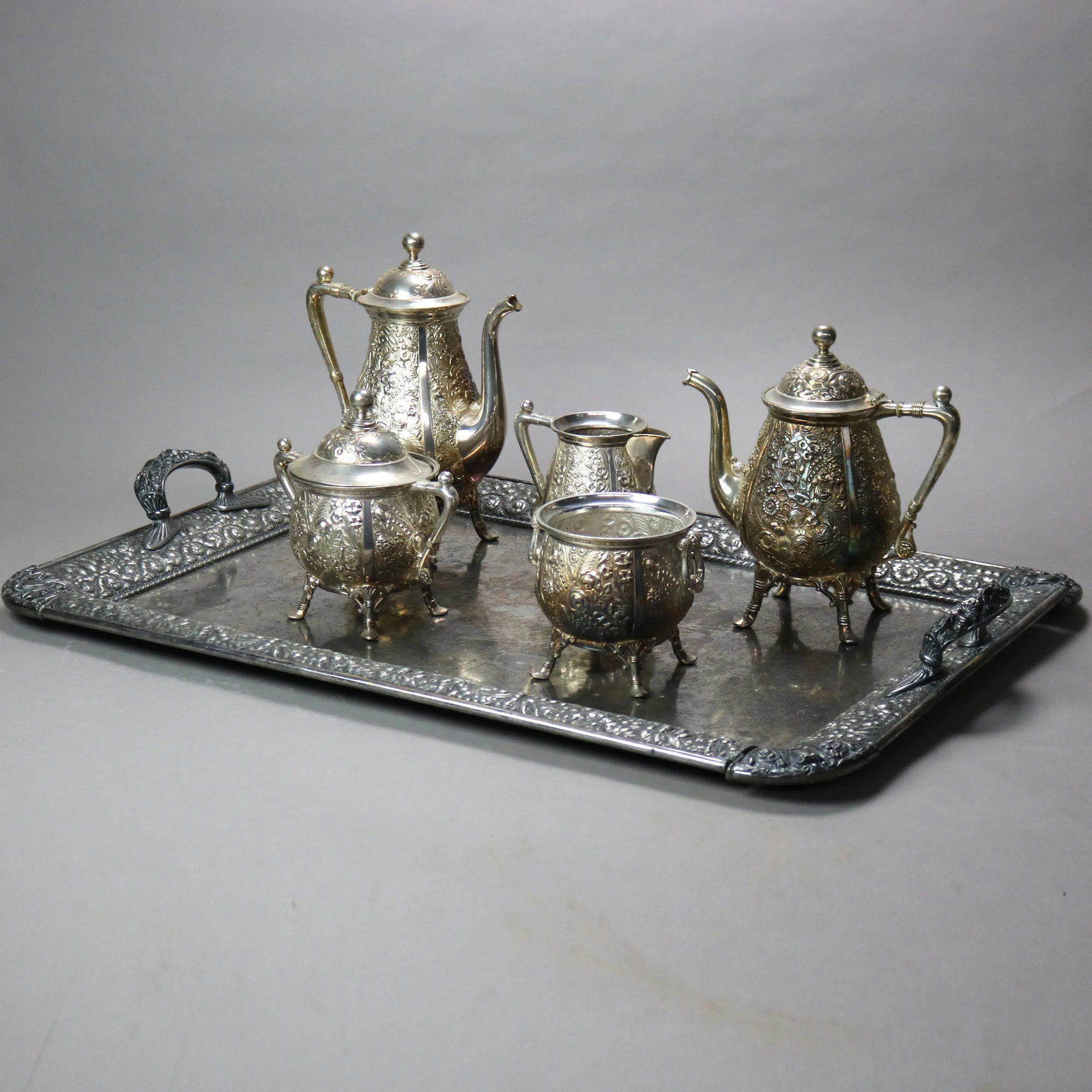 Circa 1890 Antique Silver Plated Floral Repousse Tea Set- 6 Pieces - 9