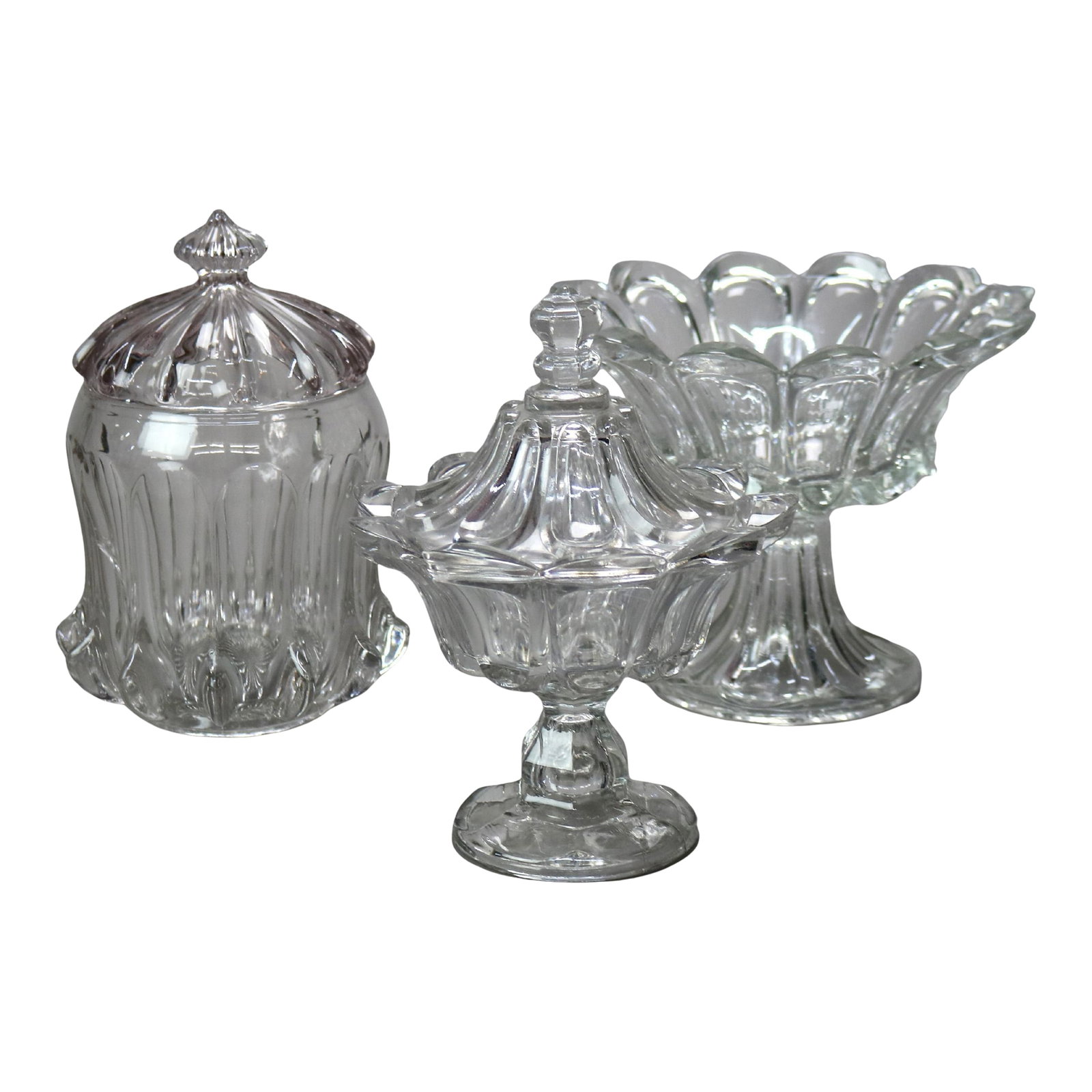 19th Century Antique Pressed Glass Pieces- 3 Pieces: Three Antique Pressed Glass Pieces 19thC Measures - 8.75"H x 6.75"W x 6.75"D (Largest) Condition: Alterations: Unknown Imperfections: Some Imperfections Condition Notes: Overall good condition. Candy 