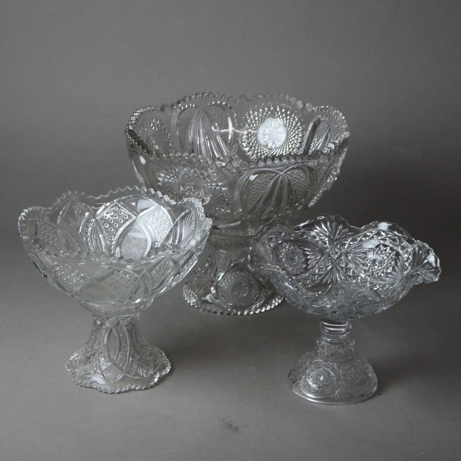 Circa 1920 Antique Pressed Glass Punch Bowls & Compote Set- 3 Pieces - 7