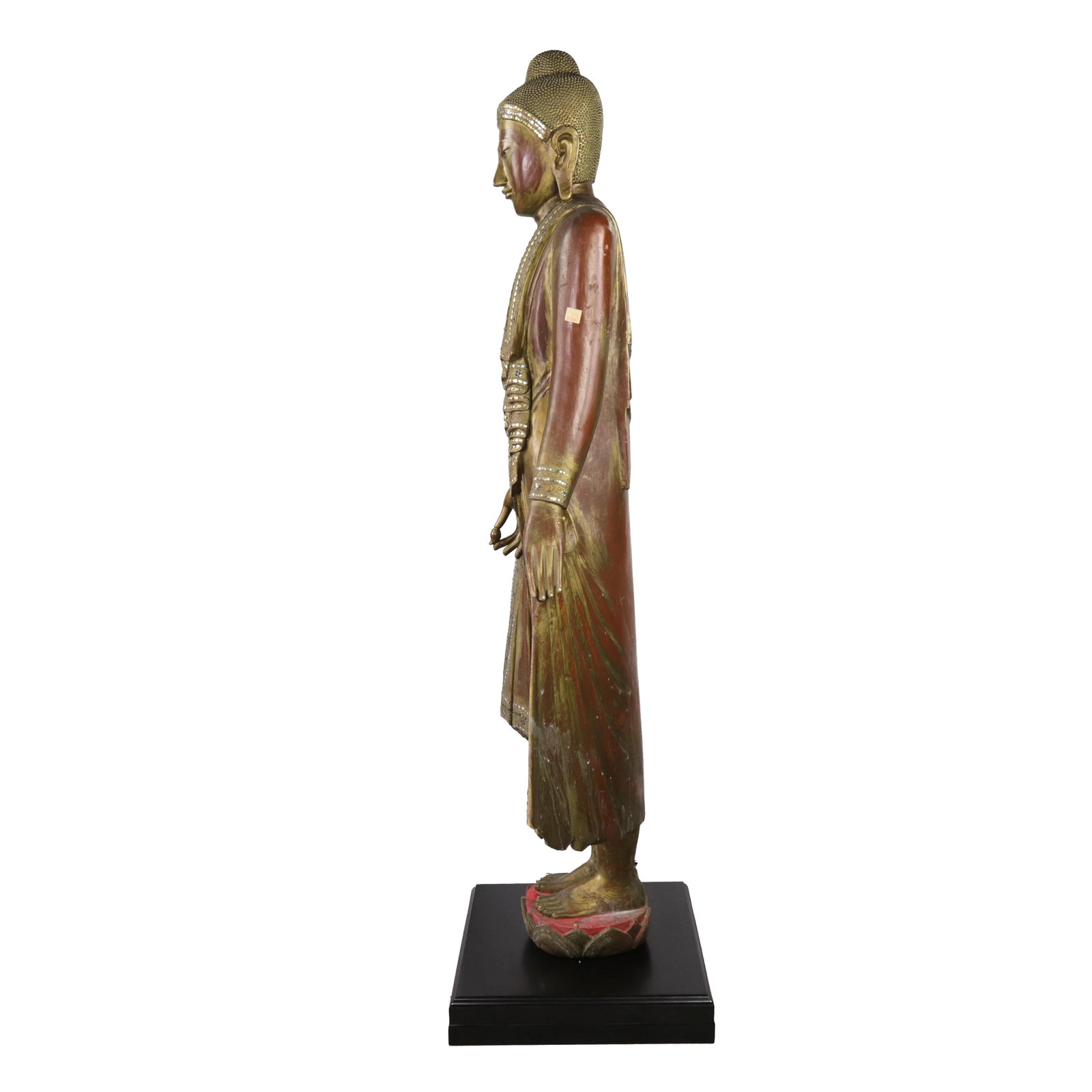 20th Century Thai Burmese Mandalay Style Standing Wooden Buddha Statue on Black Base - 2