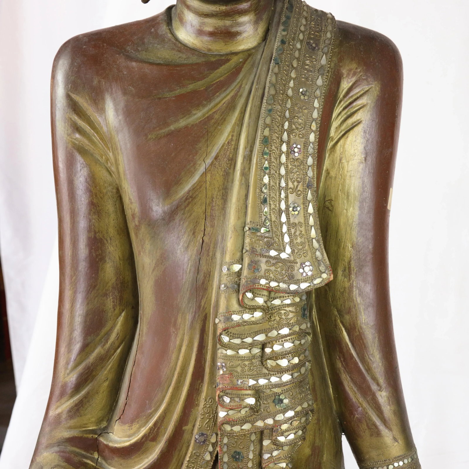 20th Century Thai Burmese Mandalay Style Standing Wooden Buddha Statue on Black Base - 6